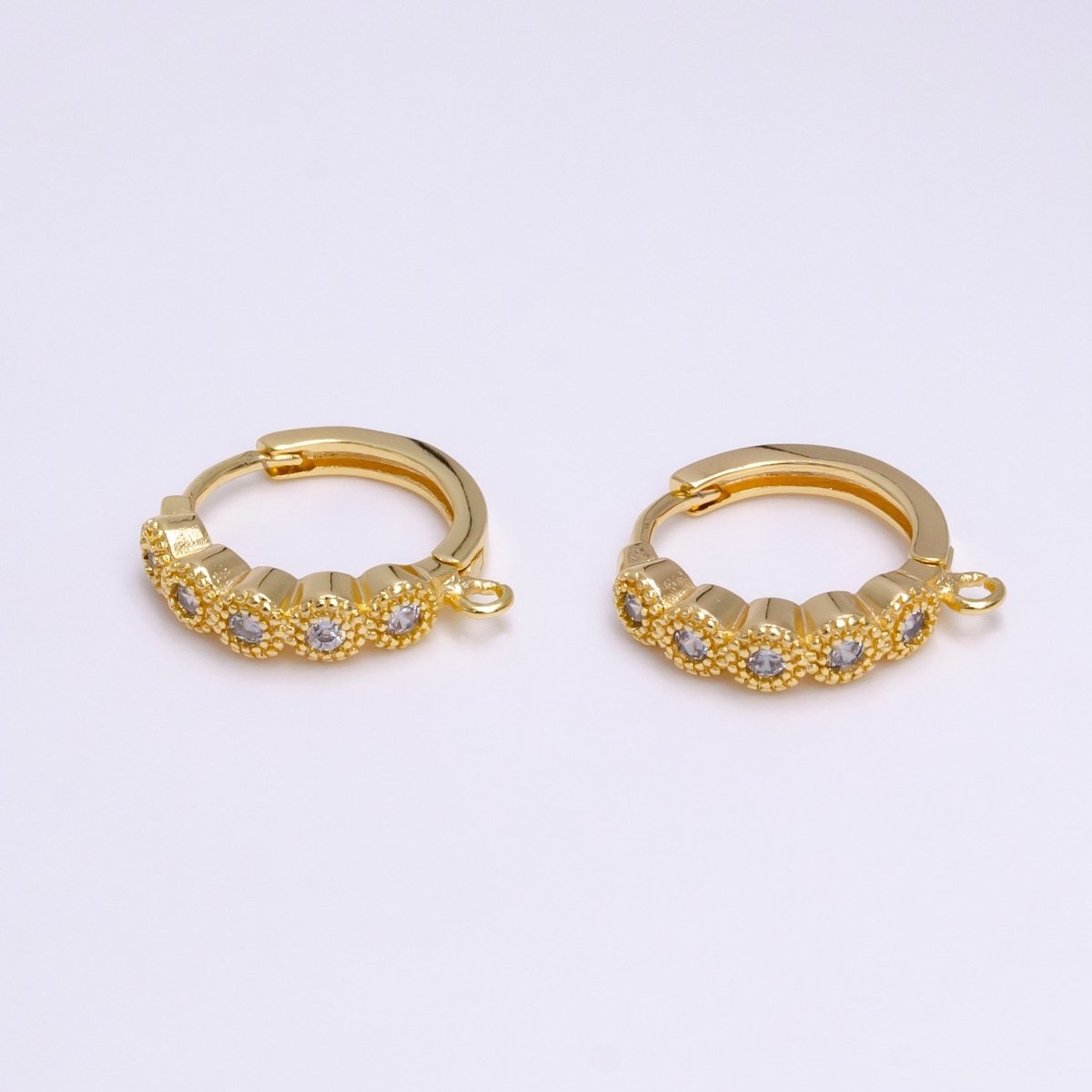 16K Gold Filled Beaded Round Clear CZ Lined 16.5mm Open Loop Huggie Earrings Supply | Z-912