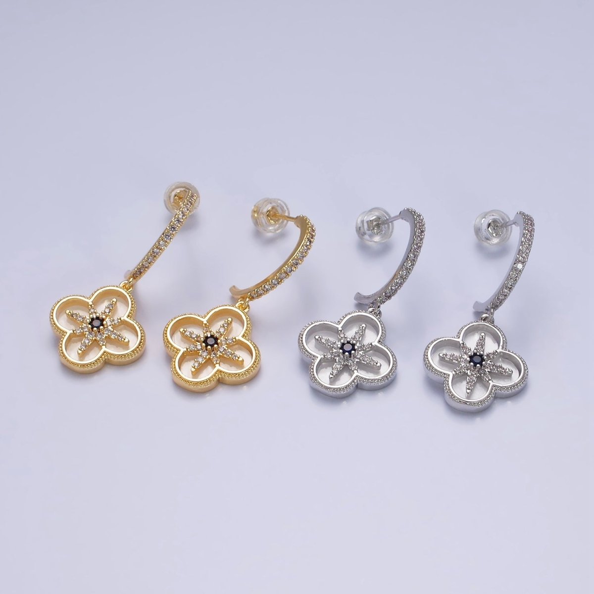 16K Gold Filled Black Celestial North Star Shell Pearl Quatrefoil Drop Micro Paved C-Shaped Hoop Earrings in Gold & Silver | AD-341 AD-342