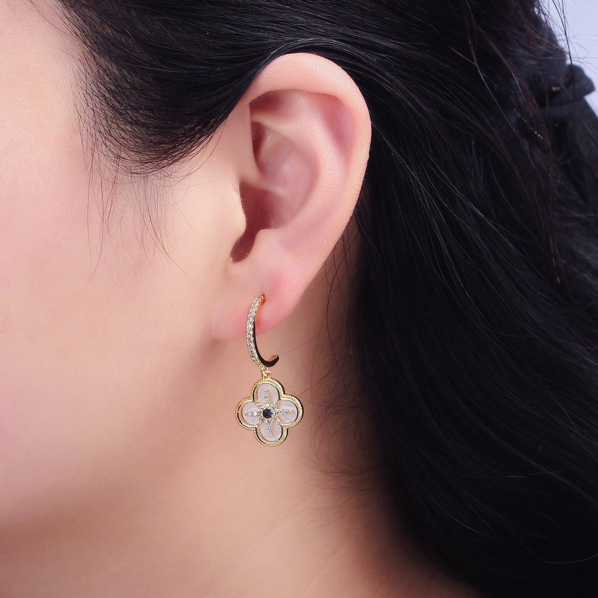 16K Gold Filled Black Celestial North Star Shell Pearl Quatrefoil Drop Micro Paved C-Shaped Hoop Earrings in Gold & Silver | AD-341 AD-342