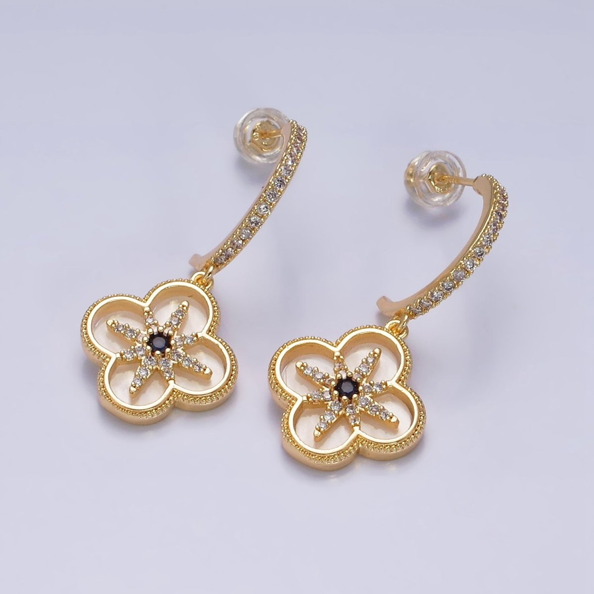 16K Gold Filled Black Celestial North Star Shell Pearl Quatrefoil Drop Micro Paved C-Shaped Hoop Earrings in Gold & Silver | AD-341 AD-342