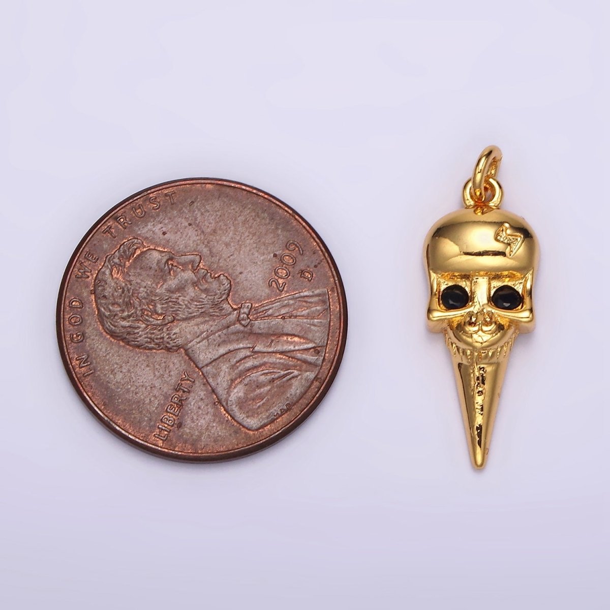 16K Gold Filled Black CZ Eyed Lightning Bolt Skeleton Skull Spiked Charm | AC857