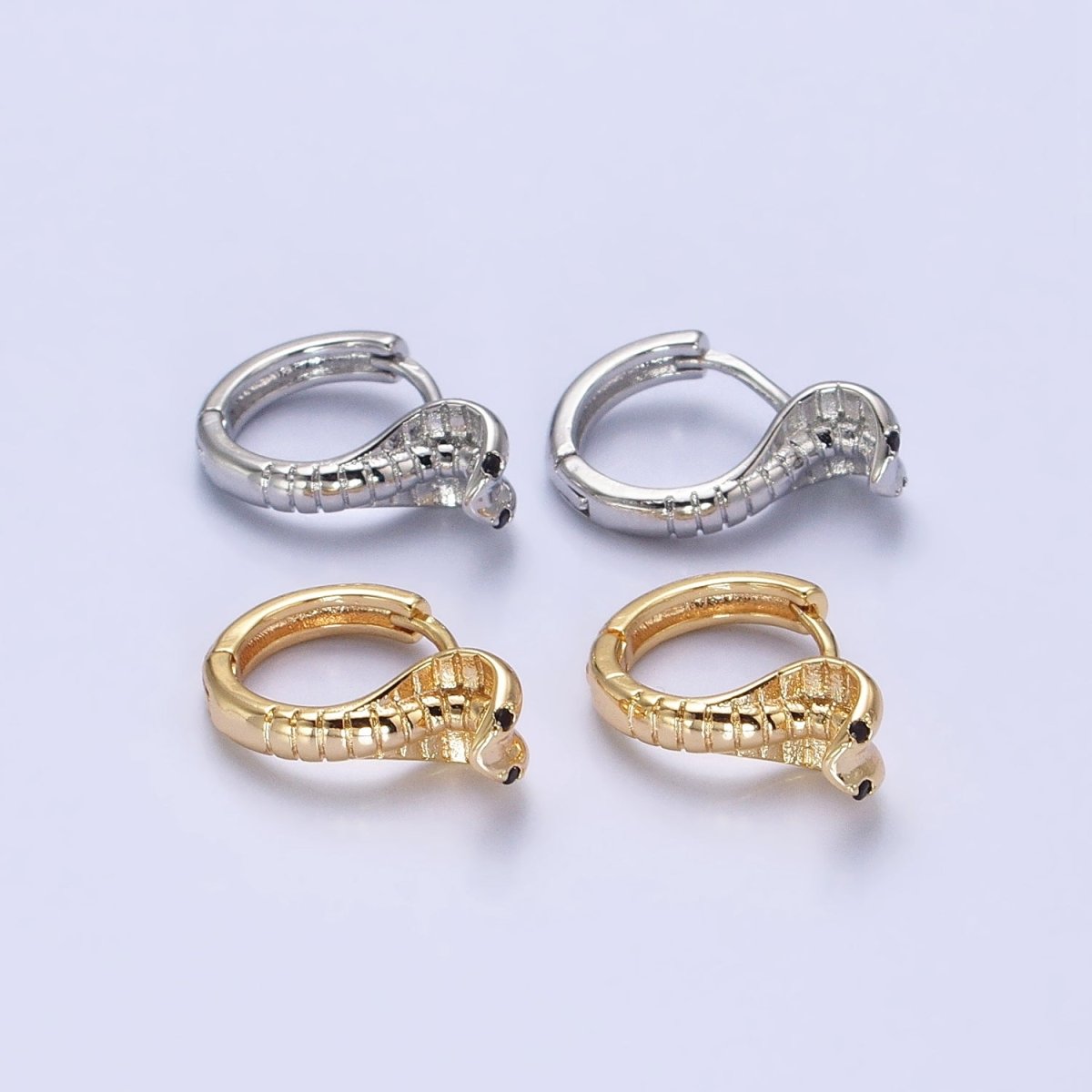 16K Gold Filled Black-Eyed CZ Scaled Serpent Snake 12mm Cartilage Huggie Earrings in Silver & Gold | AB462 AB468
