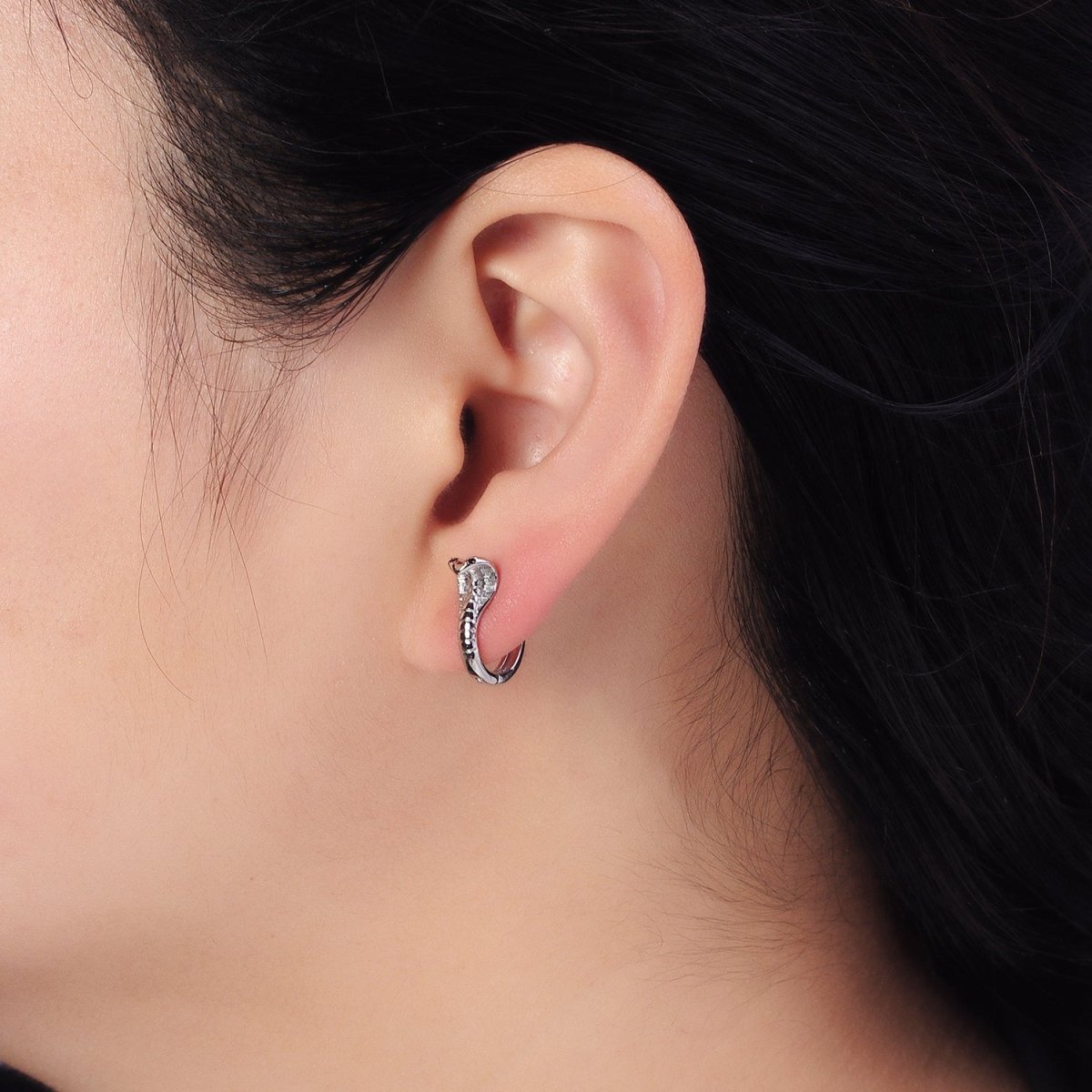 16K Gold Filled Black-Eyed CZ Scaled Serpent Snake 12mm Cartilage Huggie Earrings in Silver & Gold | AB462 AB468