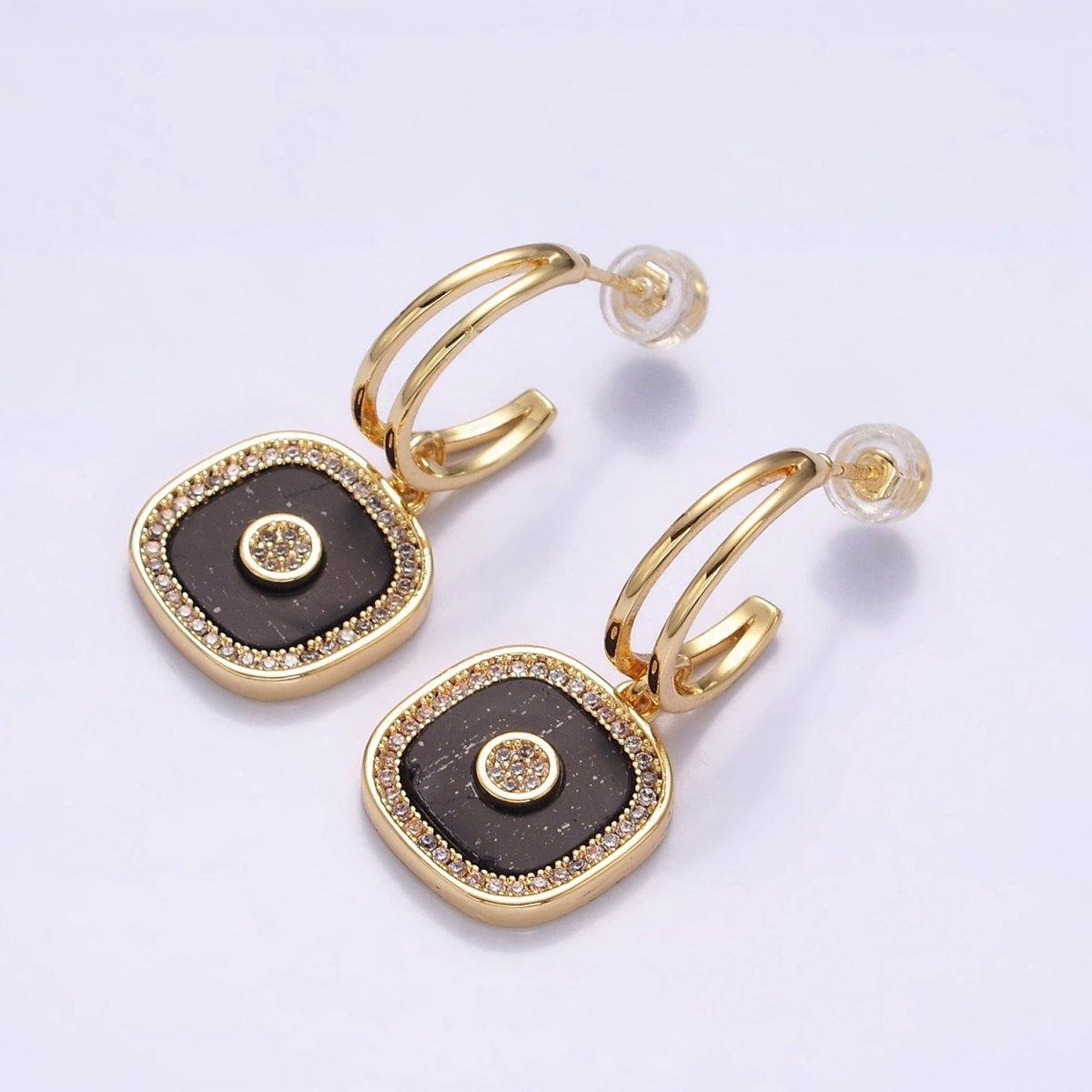 16K Gold Filled Black Square Micro Paved CZ Drop Double Band Hoop Earrings in Gold & Silver | AD-329 AD-330