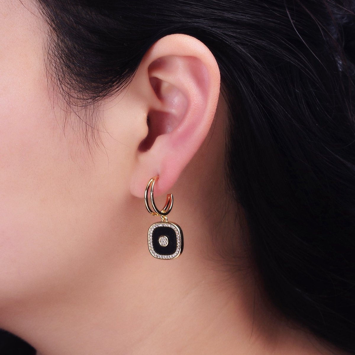 16K Gold Filled Black Square Micro Paved CZ Drop Double Band Hoop Earrings in Gold & Silver | AD-329 AD-330
