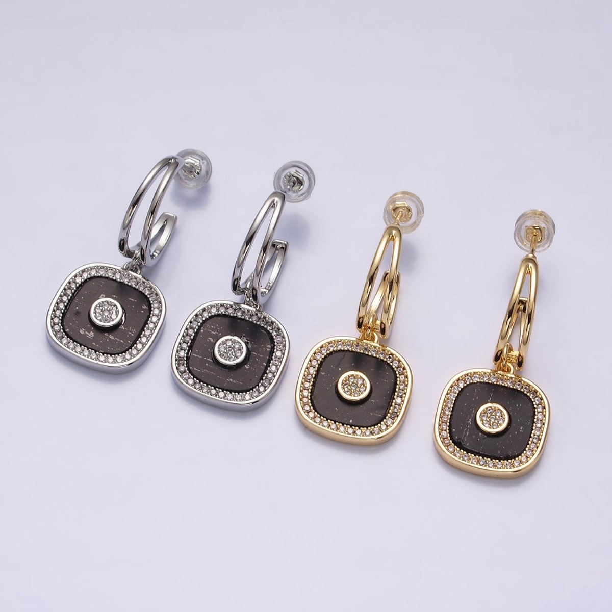 16K Gold Filled Black Square Micro Paved CZ Drop Double Band Hoop Earrings in Gold & Silver | AD-329 AD-330