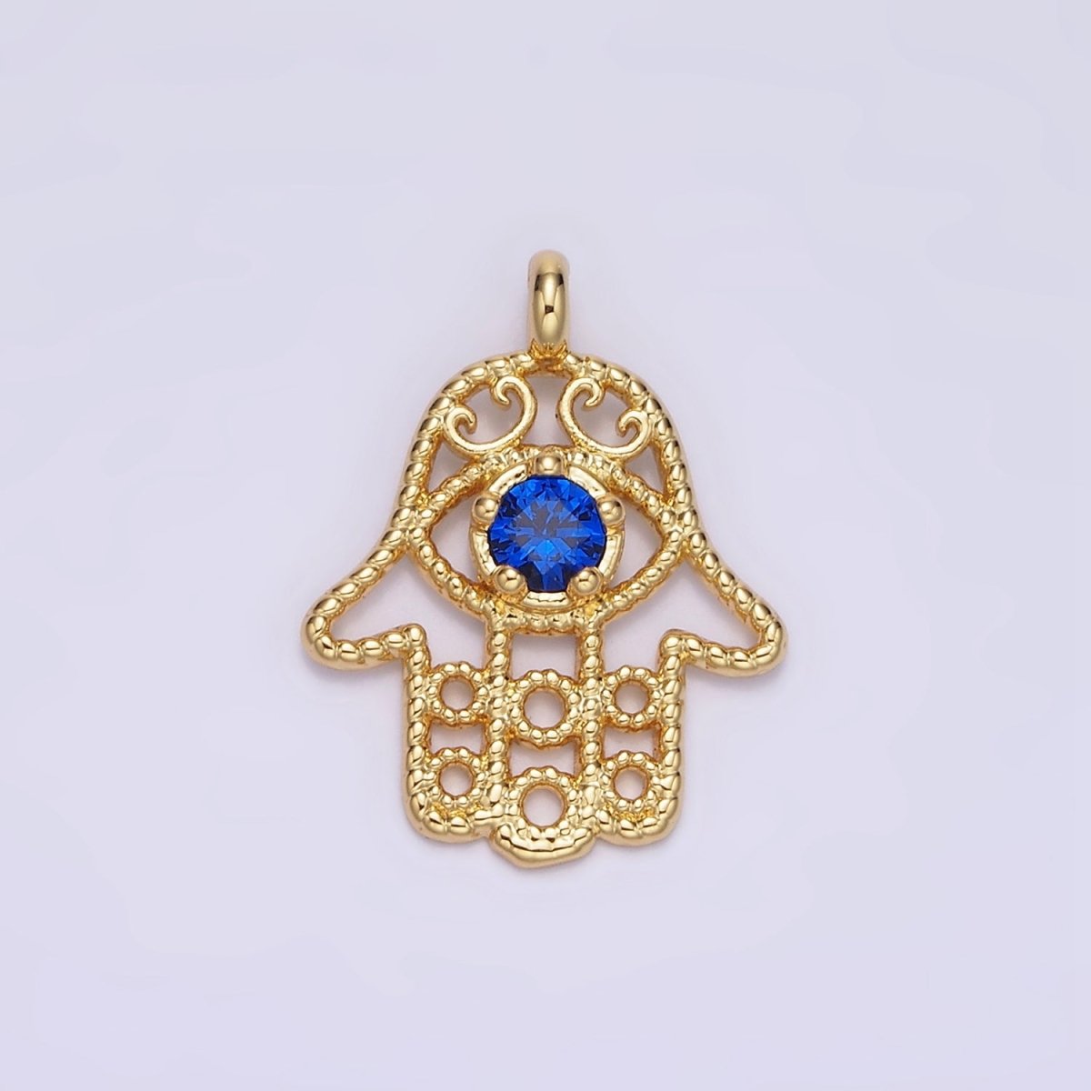 16K Gold Filled Blue CZ Elaborate Twisted Open Hamsa Hand Pendant | N1522