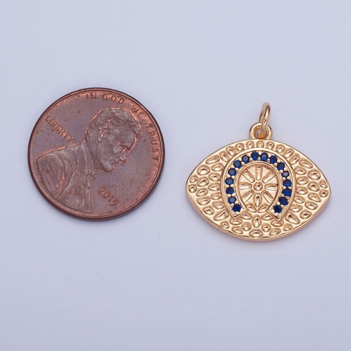 16K Gold Filled Blue CZ Horseshoe Evil Eye Hammered Luck Protection Charm | W-312