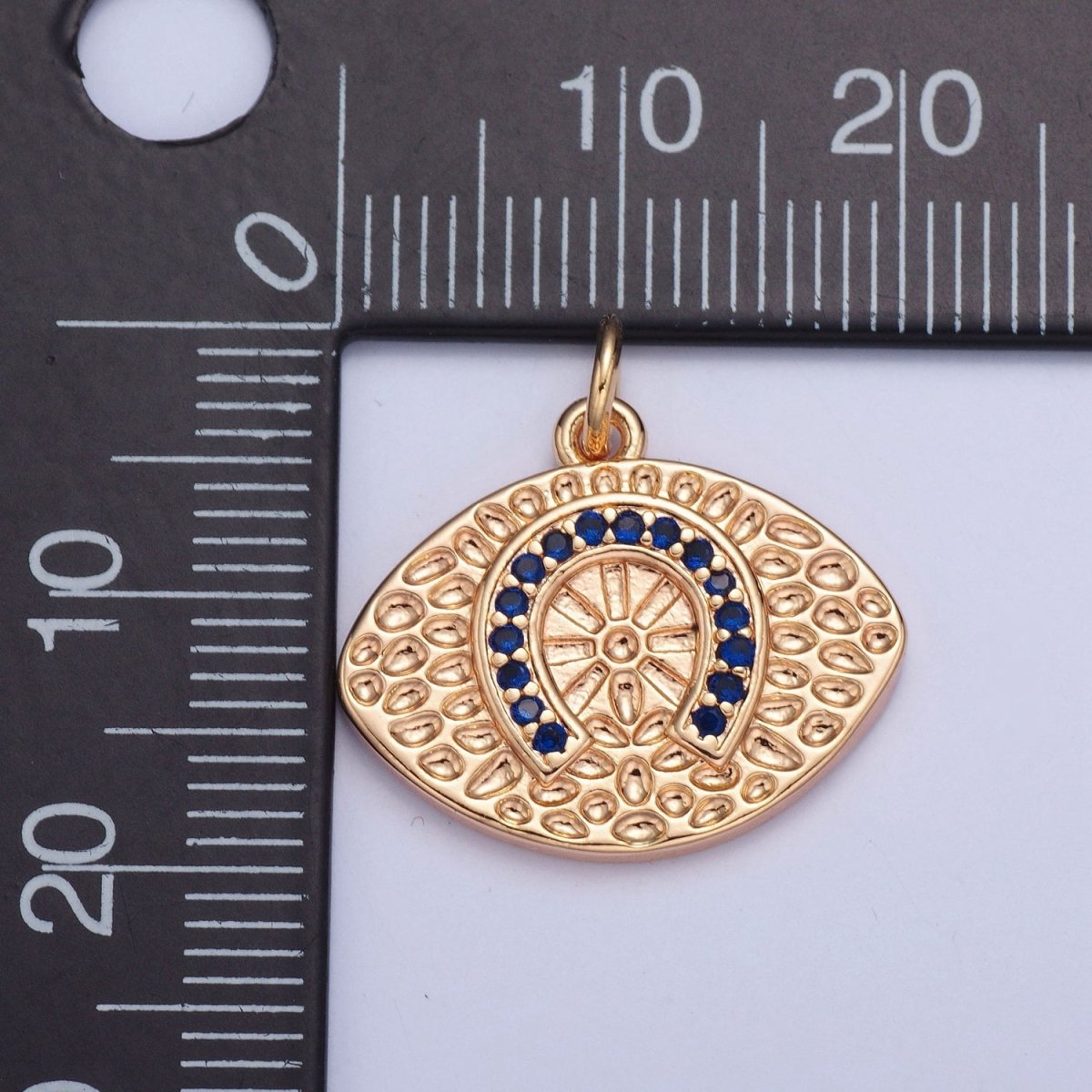 16K Gold Filled Blue CZ Horseshoe Evil Eye Hammered Luck Protection Charm | W-312
