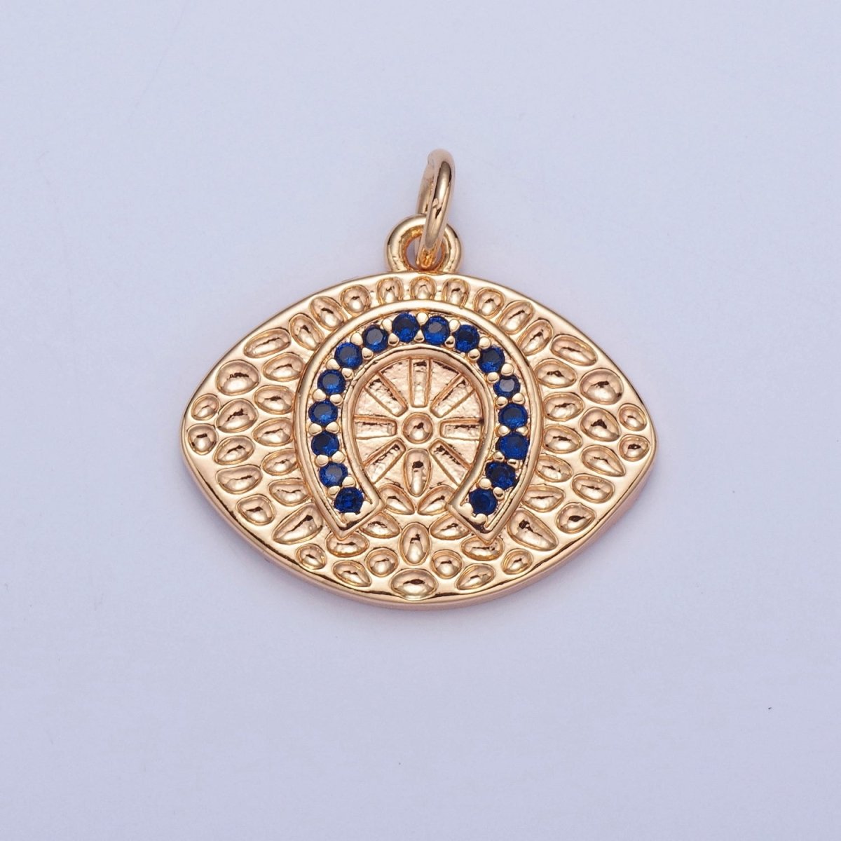 16K Gold Filled Blue CZ Horseshoe Evil Eye Hammered Luck Protection Charm | W-312