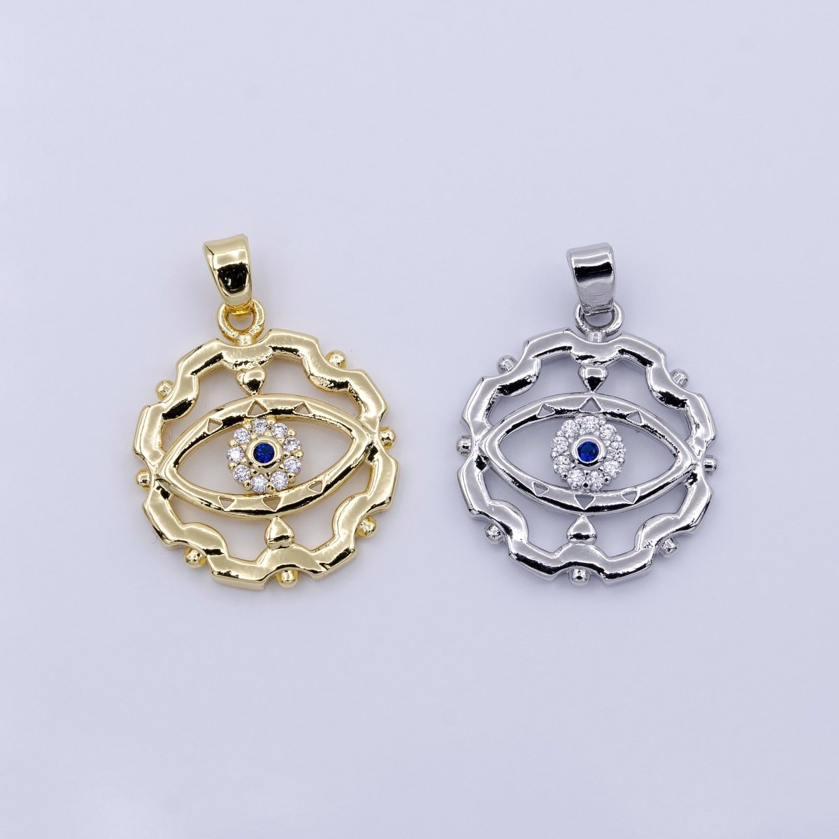 16K Gold Filled Blue-Eyed CZ Micro Paved Open Artisan Evil Eye Dotted Outline Pendant in Gold & Silver | AA429 AA430