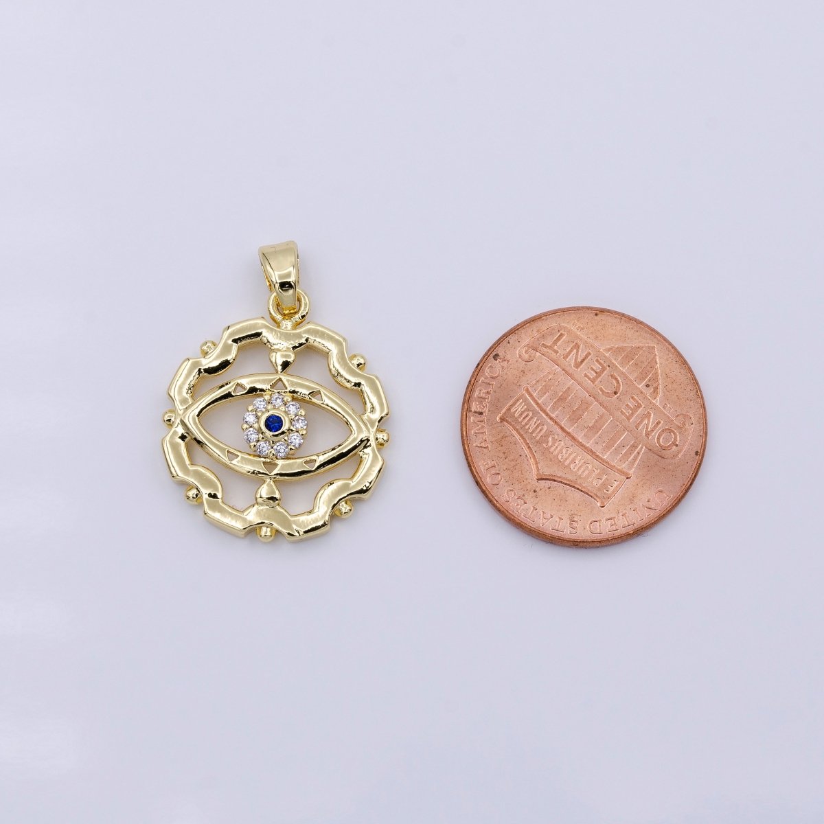 16K Gold Filled Blue-Eyed CZ Micro Paved Open Artisan Evil Eye Dotted Outline Pendant in Gold & Silver | AA429 AA430