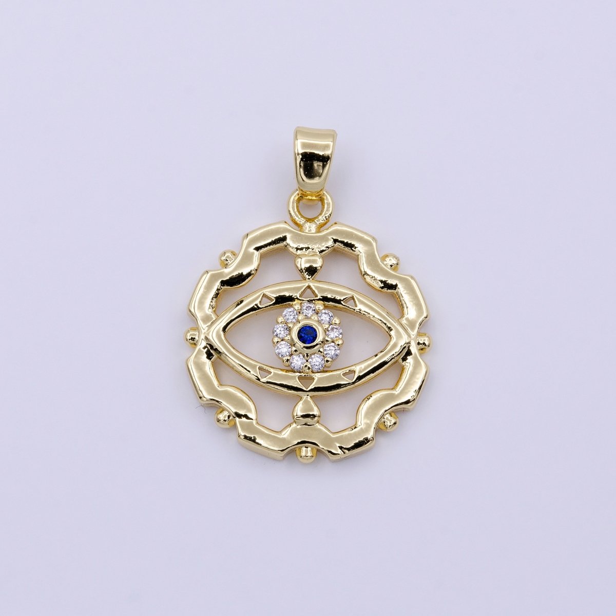 16K Gold Filled Blue-Eyed CZ Micro Paved Open Artisan Evil Eye Dotted Outline Pendant in Gold & Silver | AA429 AA430