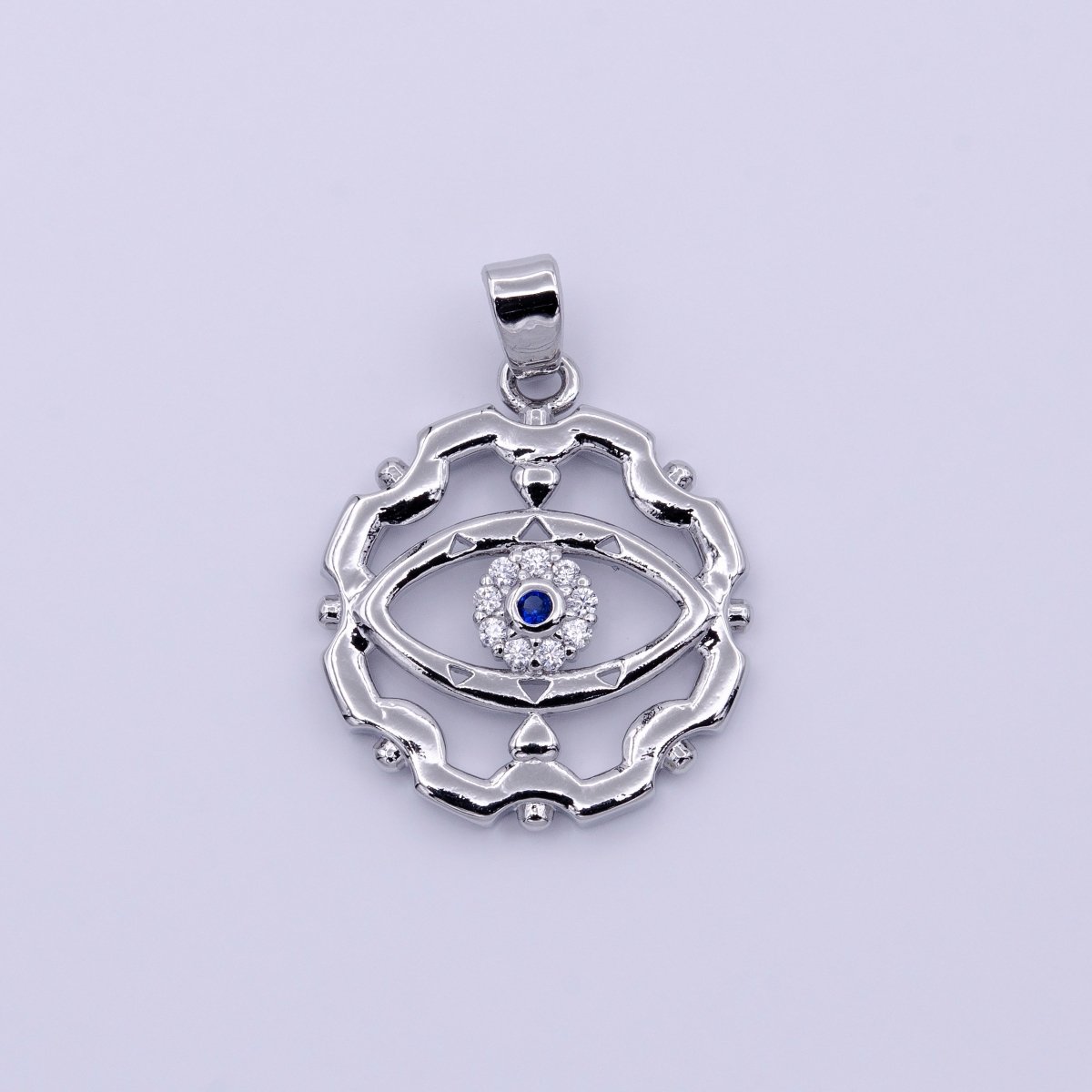 16K Gold Filled Blue-Eyed CZ Micro Paved Open Artisan Evil Eye Dotted Outline Pendant in Gold & Silver | AA429 AA430