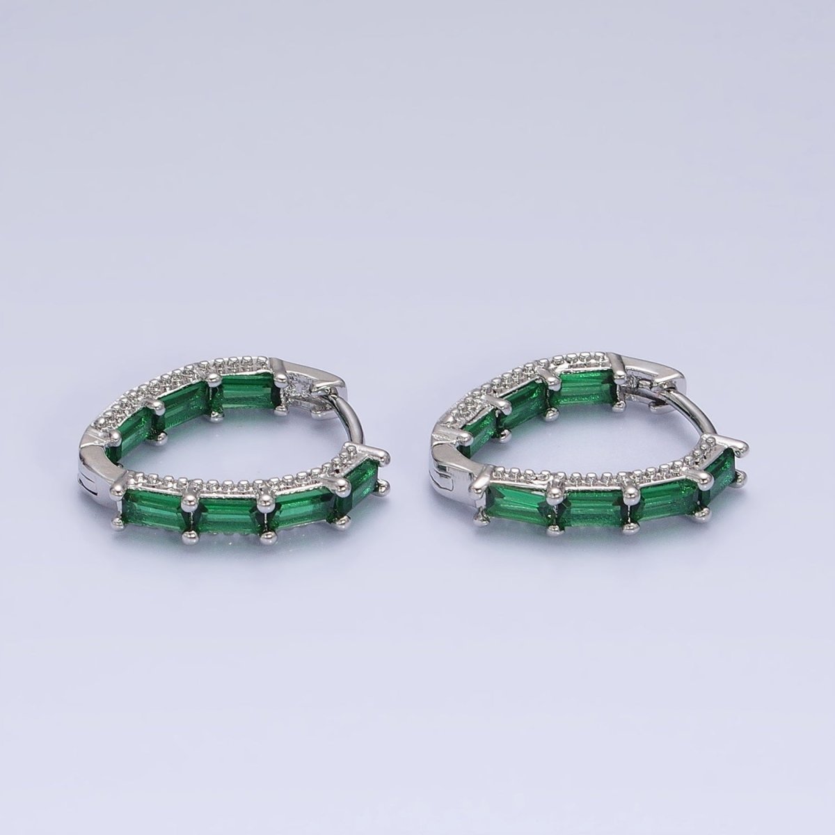 16K Gold Filled Blue, Green Baguette CZ Front-Sided Triangle Hoop Earrings in Gold & Silver | AD1108 - AD1111