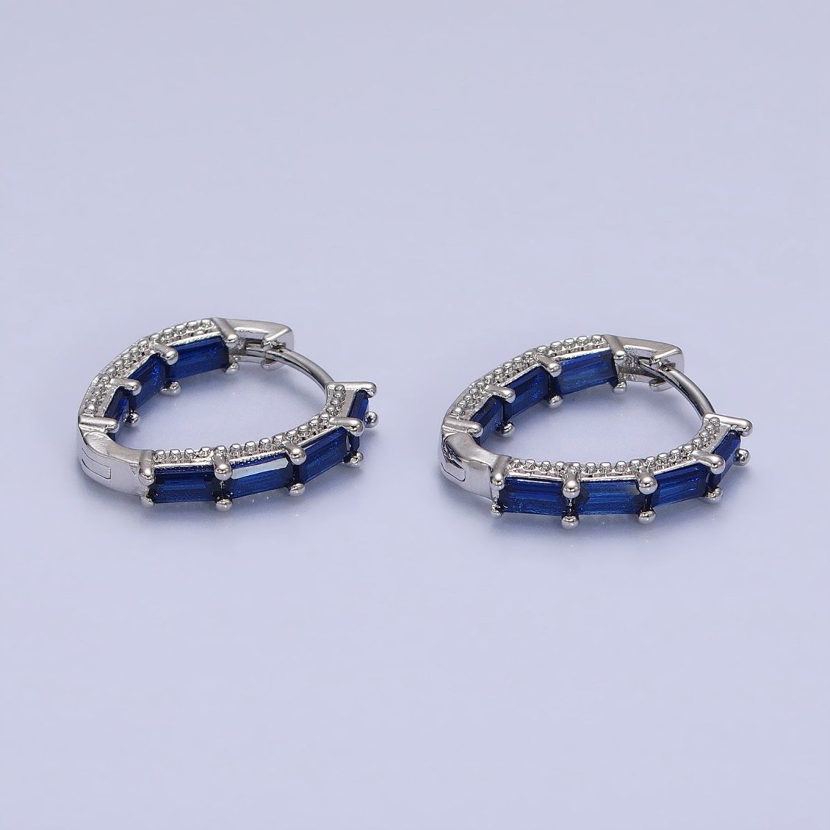 16K Gold Filled Blue, Green Baguette CZ Front-Sided Triangle Hoop Earrings in Gold & Silver | AD1108 - AD1111