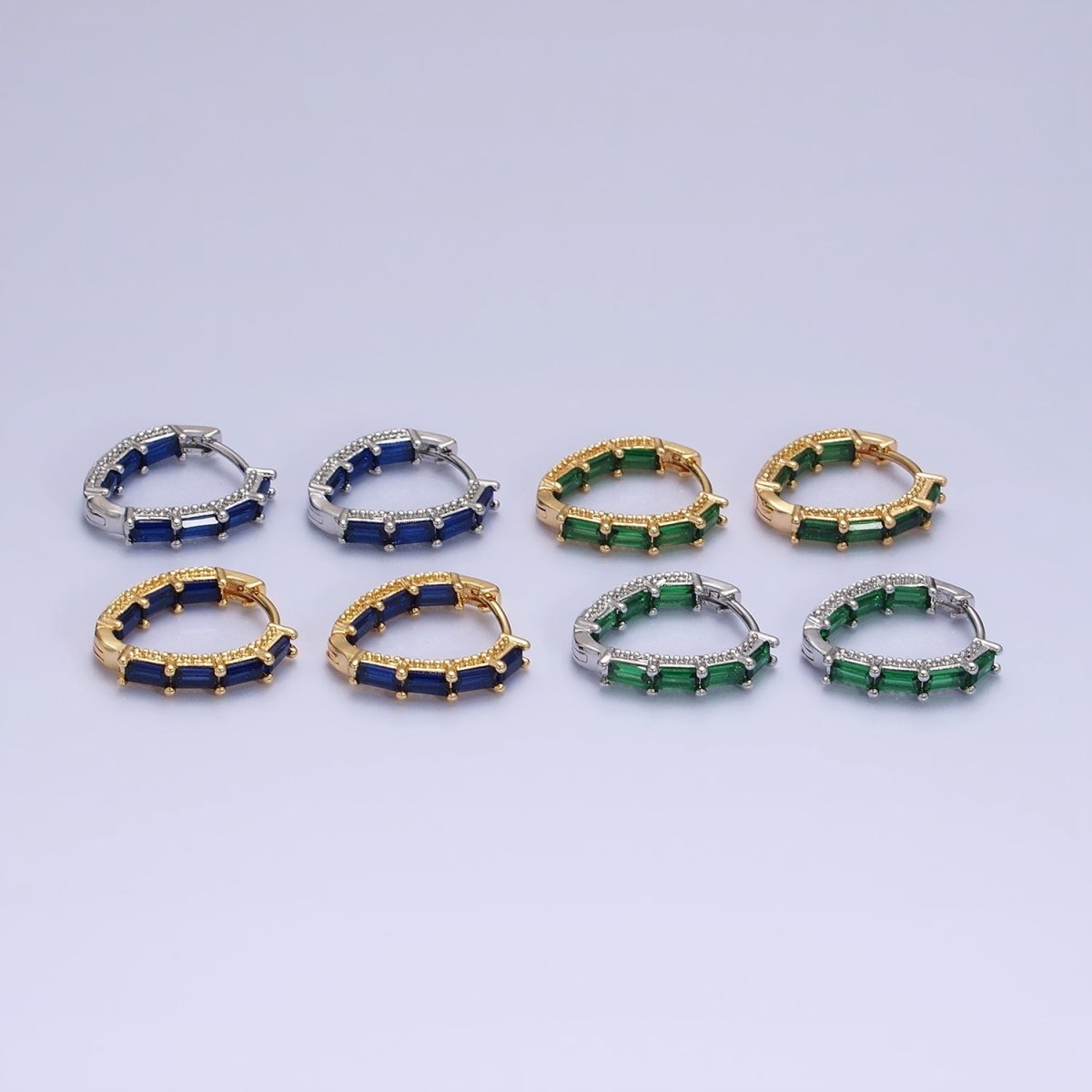 16K Gold Filled Blue, Green Baguette CZ Front-Sided Triangle Hoop Earrings in Gold & Silver | AD1108 - AD1111