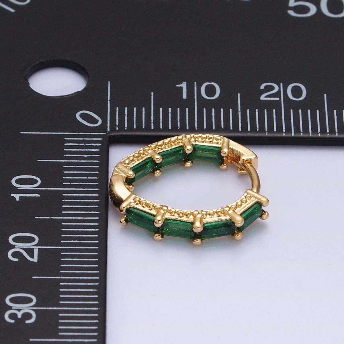 16K Gold Filled Blue, Green Baguette CZ Front-Sided Triangle Hoop Earrings in Gold & Silver | AD1108 - AD1111
