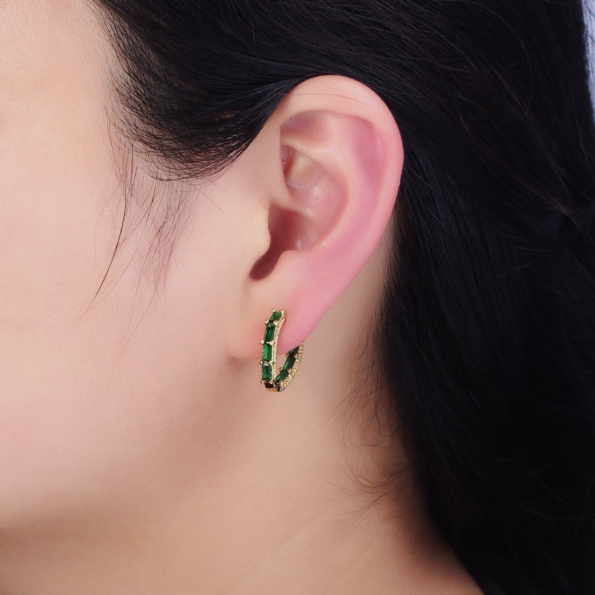 16K Gold Filled Blue, Green Baguette CZ Front-Sided Triangle Hoop Earrings in Gold & Silver | AD1108 - AD1111