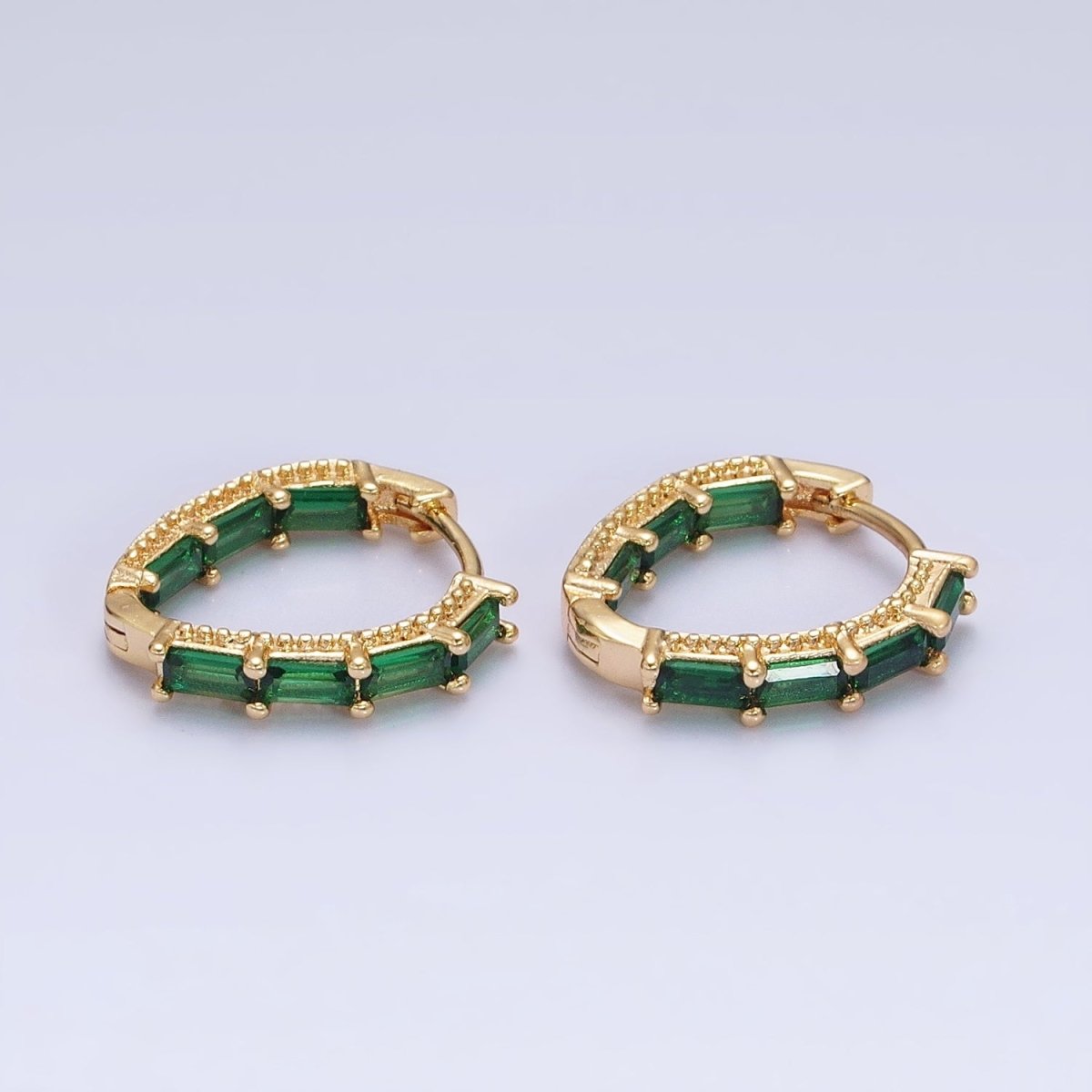 16K Gold Filled Blue, Green Baguette CZ Front-Sided Triangle Hoop Earrings in Gold & Silver | AD1108 - AD1111