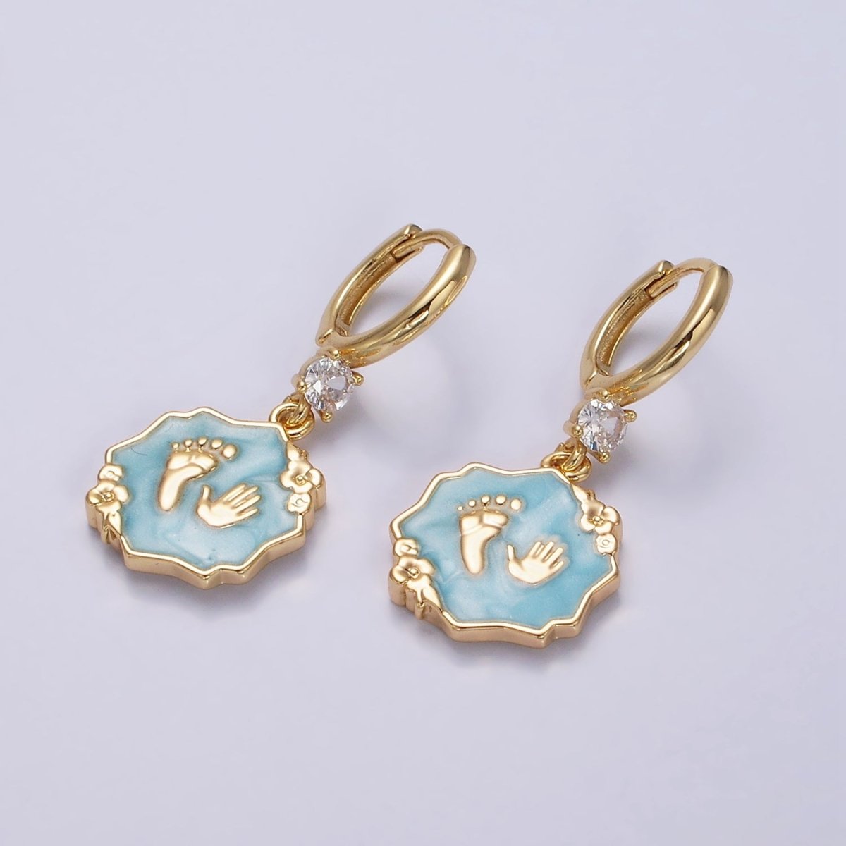 16K Gold Filled Blue, Pink, White Sparkly Enamel Flower Baby Shower Hand & Feet CZ Drop Huggie Earrings | AD-347 AD-348 AD-349