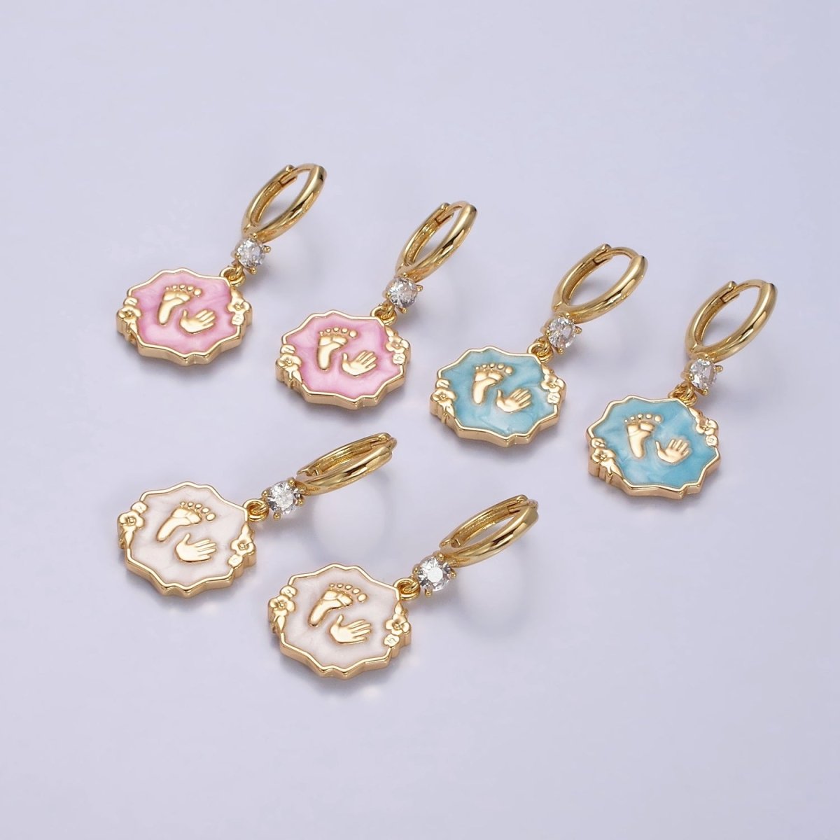 16K Gold Filled Blue, Pink, White Sparkly Enamel Flower Baby Shower Hand & Feet CZ Drop Huggie Earrings | AD-347 AD-348 AD-349