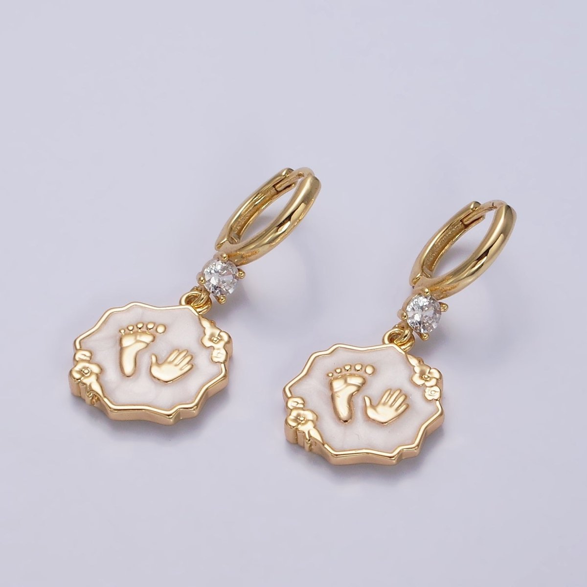 16K Gold Filled Blue, Pink, White Sparkly Enamel Flower Baby Shower Hand & Feet CZ Drop Huggie Earrings | AD-347 AD-348 AD-349