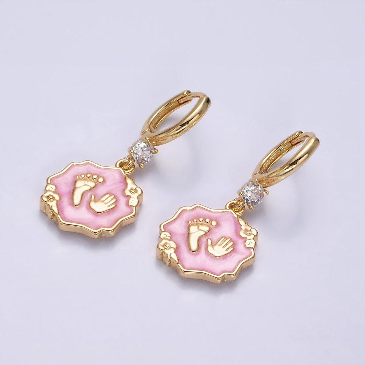 16K Gold Filled Blue, Pink, White Sparkly Enamel Flower Baby Shower Hand & Feet CZ Drop Huggie Earrings | AD-347 AD-348 AD-349