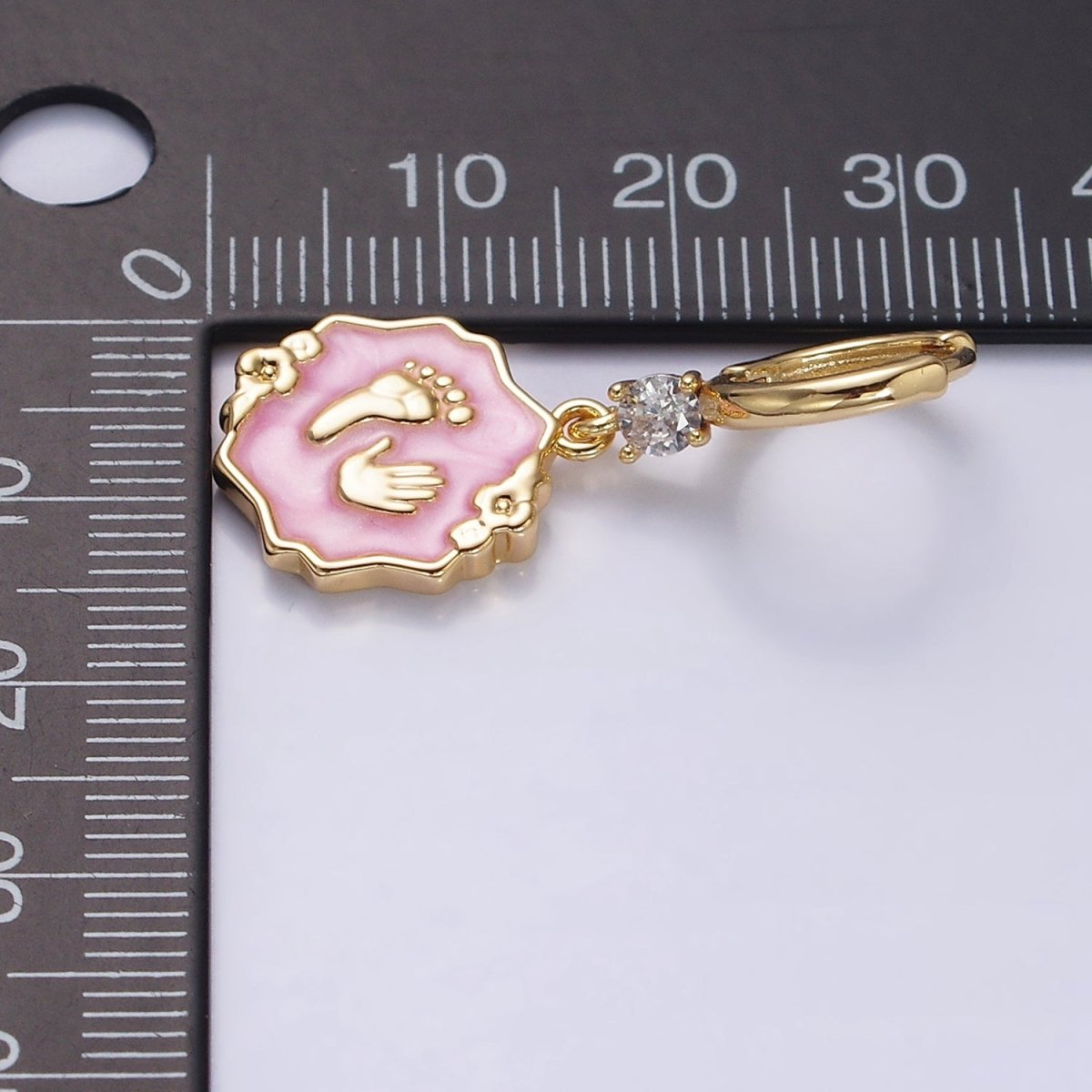 16K Gold Filled Blue, Pink, White Sparkly Enamel Flower Baby Shower Hand & Feet CZ Drop Huggie Earrings | AD-347 AD-348 AD-349
