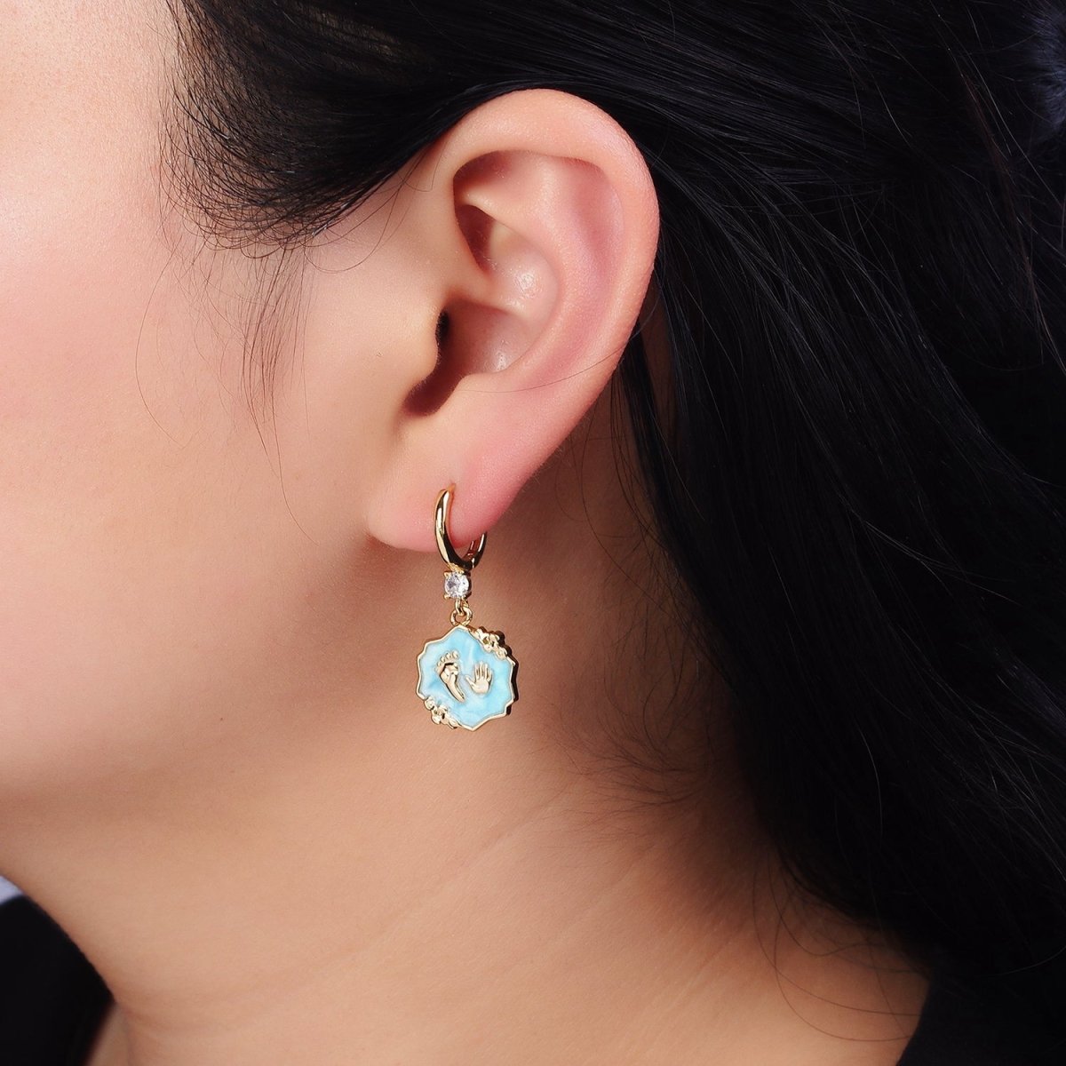 16K Gold Filled Blue, Pink, White Sparkly Enamel Flower Baby Shower Hand & Feet CZ Drop Huggie Earrings | AD-347 AD-348 AD-349