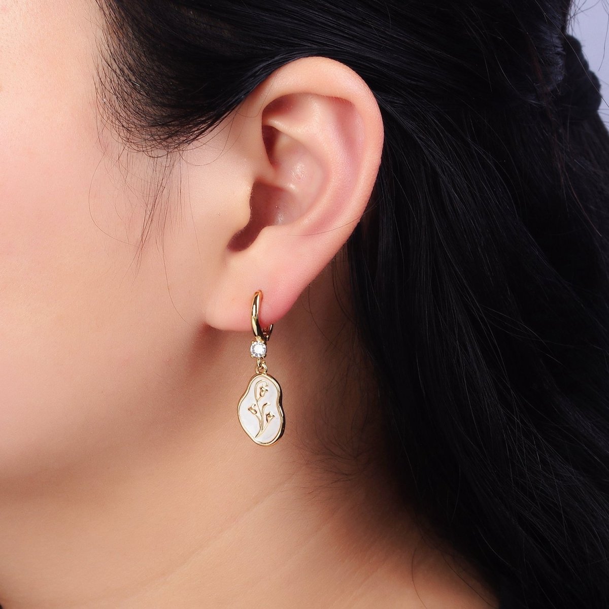 16K Gold Filled Blue, Pink, White Sparkly Enamel Tulip April Birth Flower Abstract CZ Drop Huggie Earrings | AD-350 AD-351 AD-352