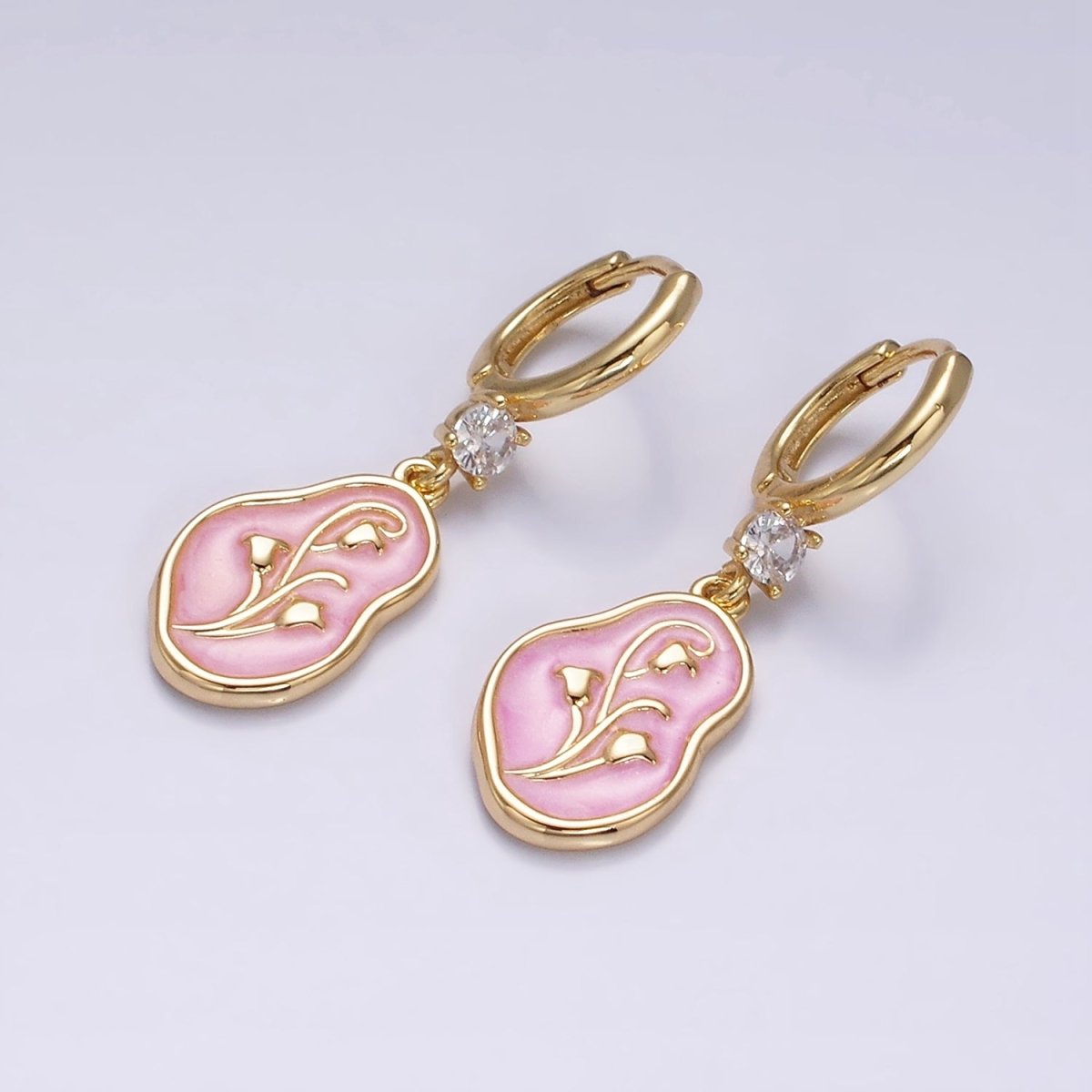 16K Gold Filled Blue, Pink, White Sparkly Enamel Tulip April Birth Flower Abstract CZ Drop Huggie Earrings | AD-350 AD-351 AD-352