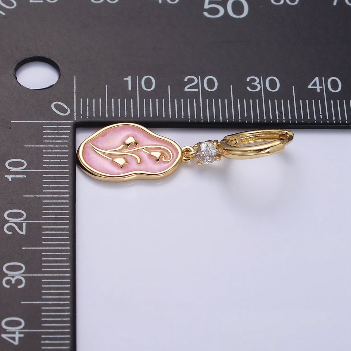 16K Gold Filled Blue, Pink, White Sparkly Enamel Tulip April Birth Flower Abstract CZ Drop Huggie Earrings | AD-350 AD-351 AD-352