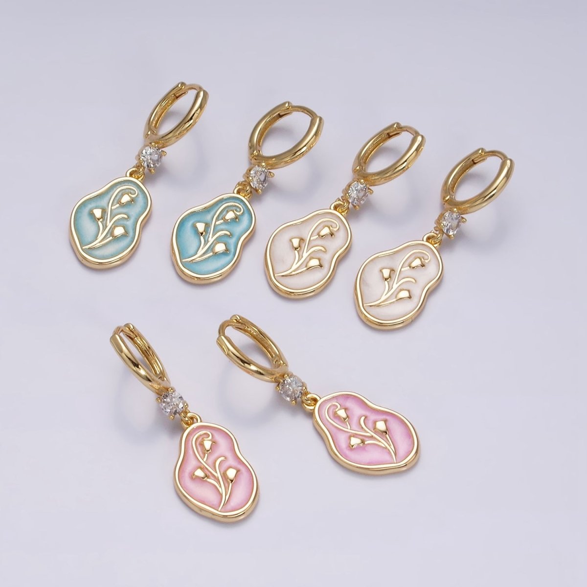 16K Gold Filled Blue, Pink, White Sparkly Enamel Tulip April Birth Flower Abstract CZ Drop Huggie Earrings | AD-350 AD-351 AD-352