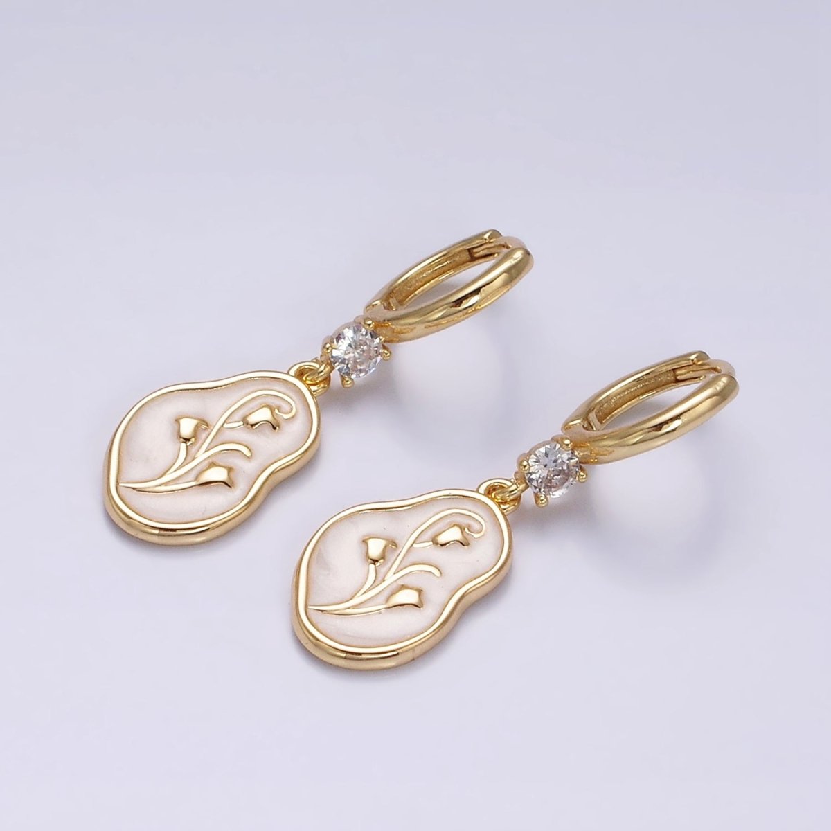 16K Gold Filled Blue, Pink, White Sparkly Enamel Tulip April Birth Flower Abstract CZ Drop Huggie Earrings | AD-350 AD-351 AD-352