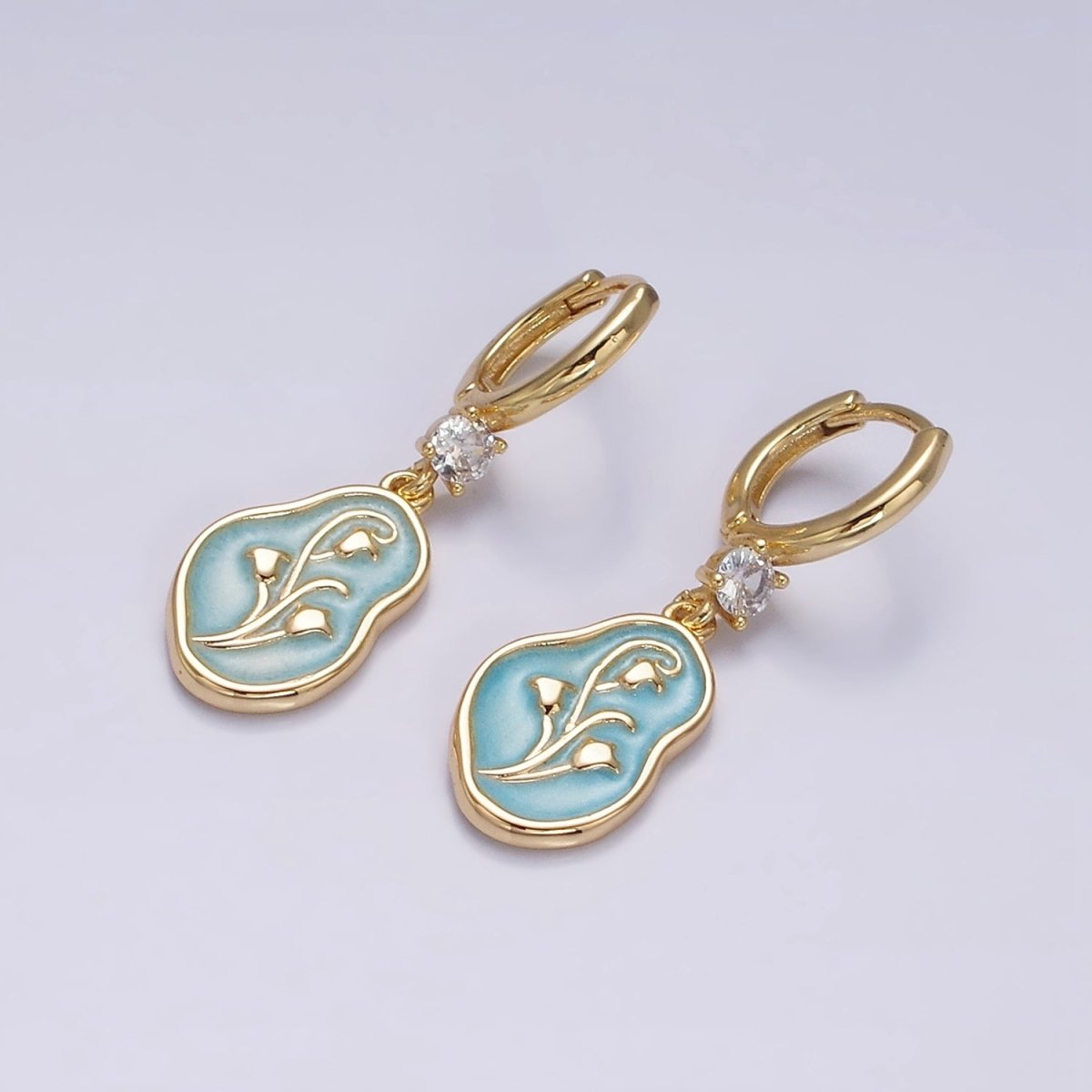 16K Gold Filled Blue, Pink, White Sparkly Enamel Tulip April Birth Flower Abstract CZ Drop Huggie Earrings | AD-350 AD-351 AD-352