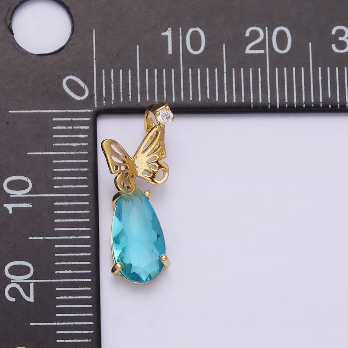 16K Gold Filled Blue Teardrop Open Butterfly Wings CZ Charm | AC1371