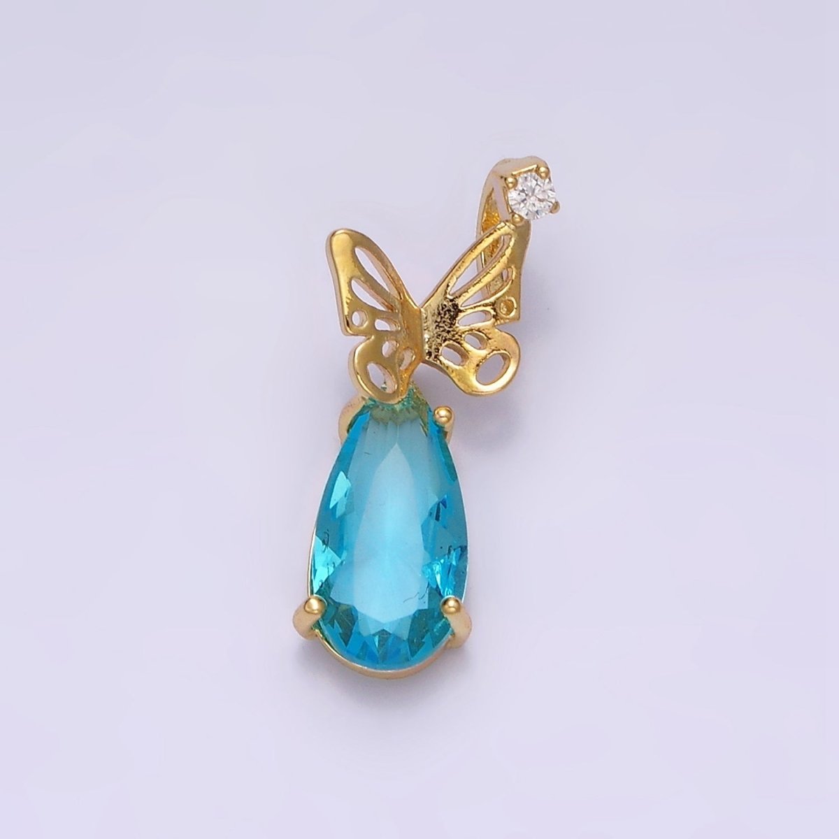 16K Gold Filled Blue Teardrop Open Butterfly Wings CZ Charm | AC1371