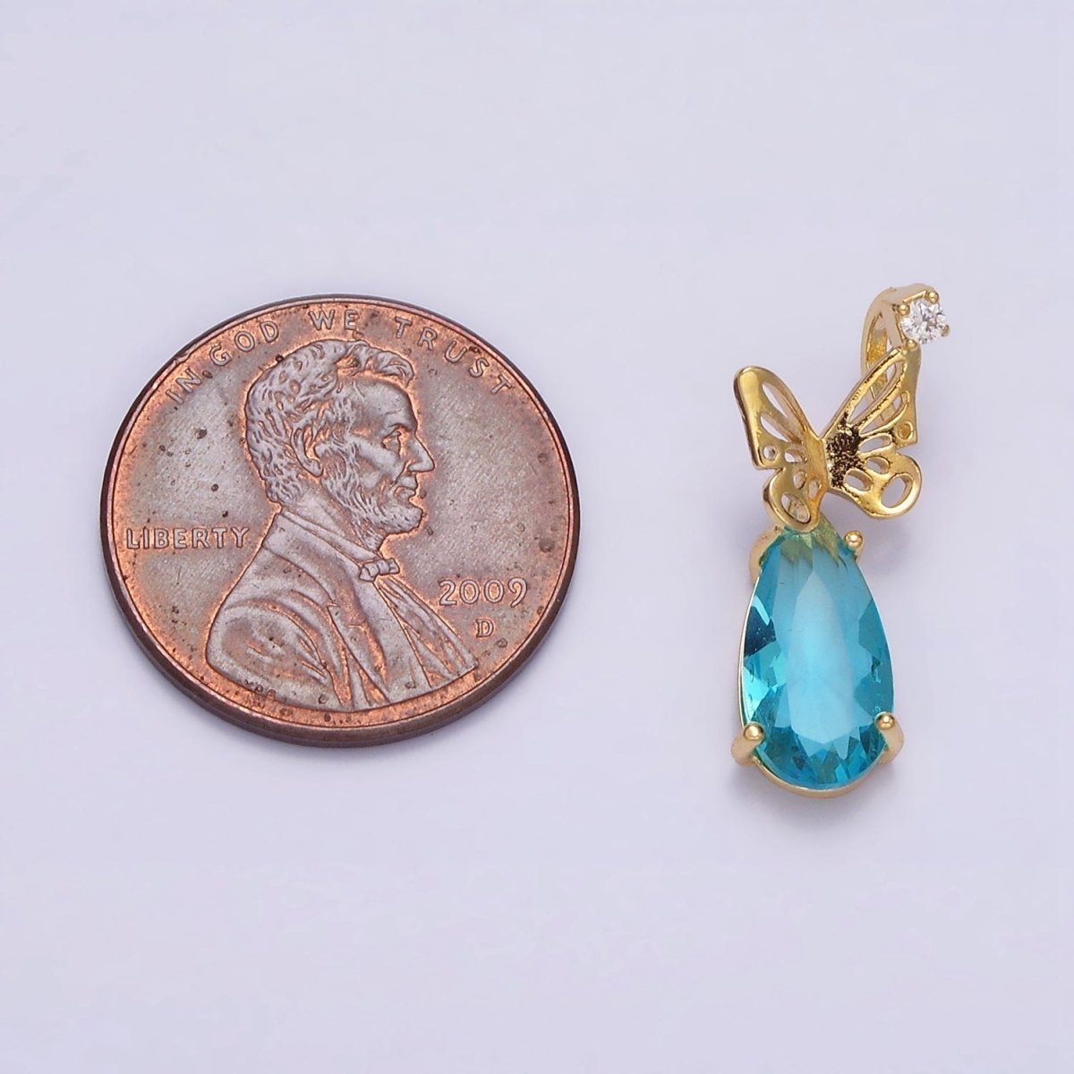 16K Gold Filled Blue Teardrop Open Butterfly Wings CZ Charm | AC1371