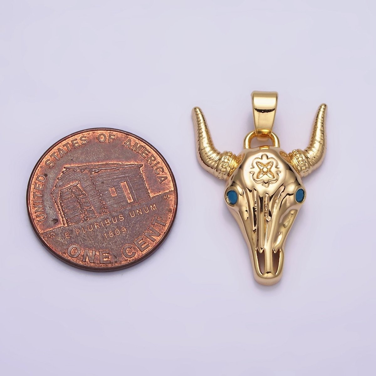 16K Gold Filled Blue Turquoise-Eyed Horned Ox Bull Head Animal Pendant | AA495