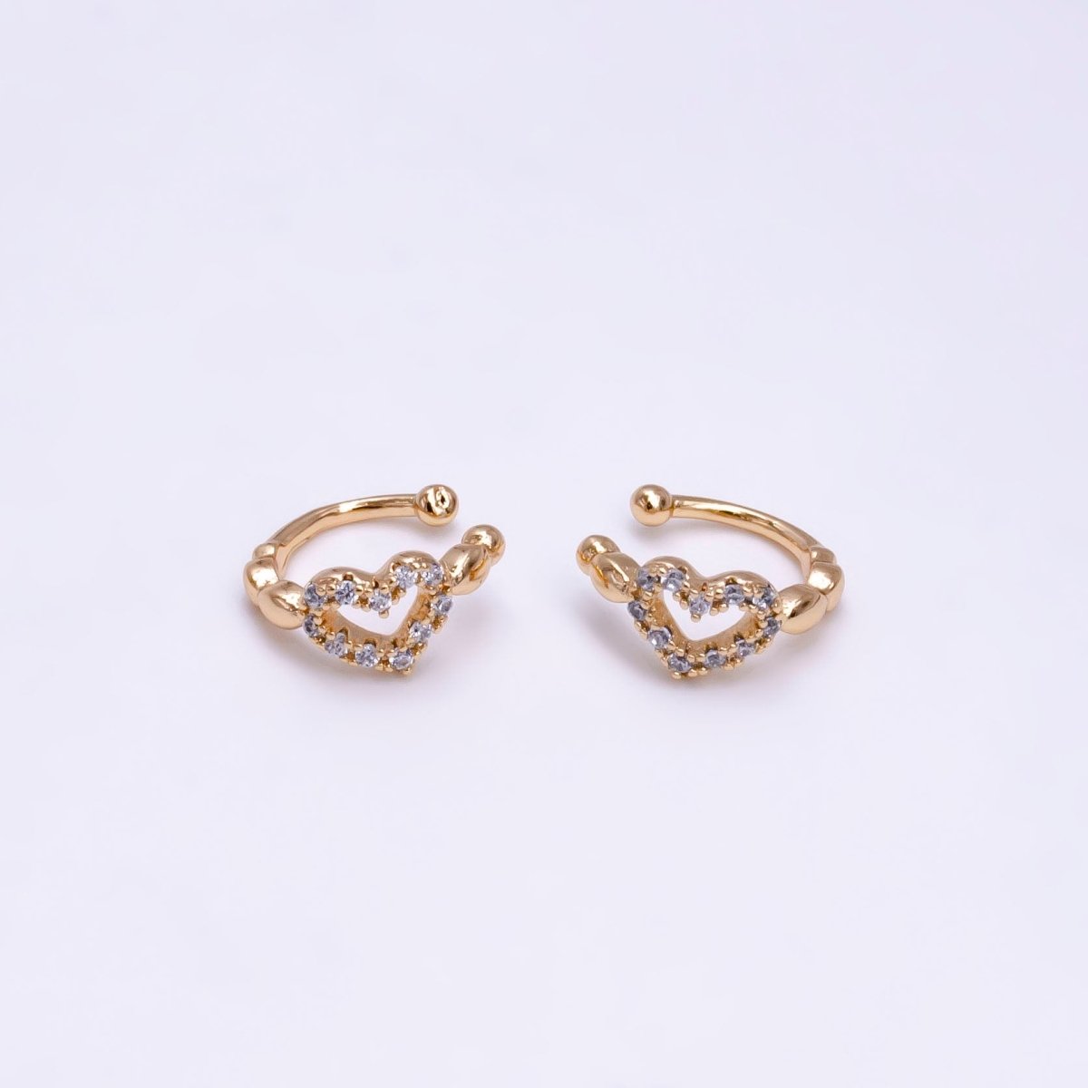 16K Gold Filled Bubble Open Heart Micro Paved CZ Ear Cuff Earrings | AI097