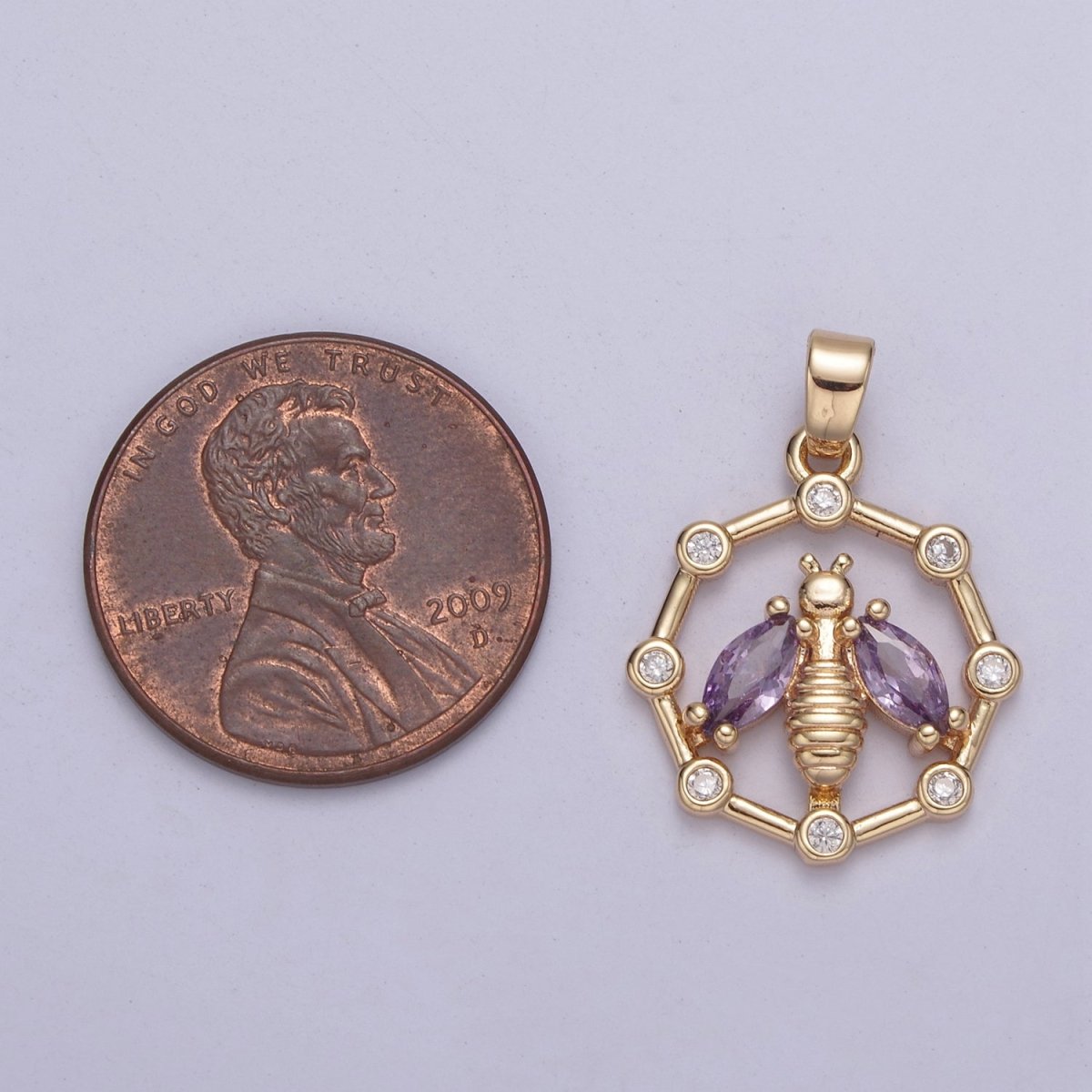 16K Gold Filled Bumble Bee Hexagonal Green, Pink, Clear, Purple CZ Point Open Pendant H-406 H-408 H-409 H-410