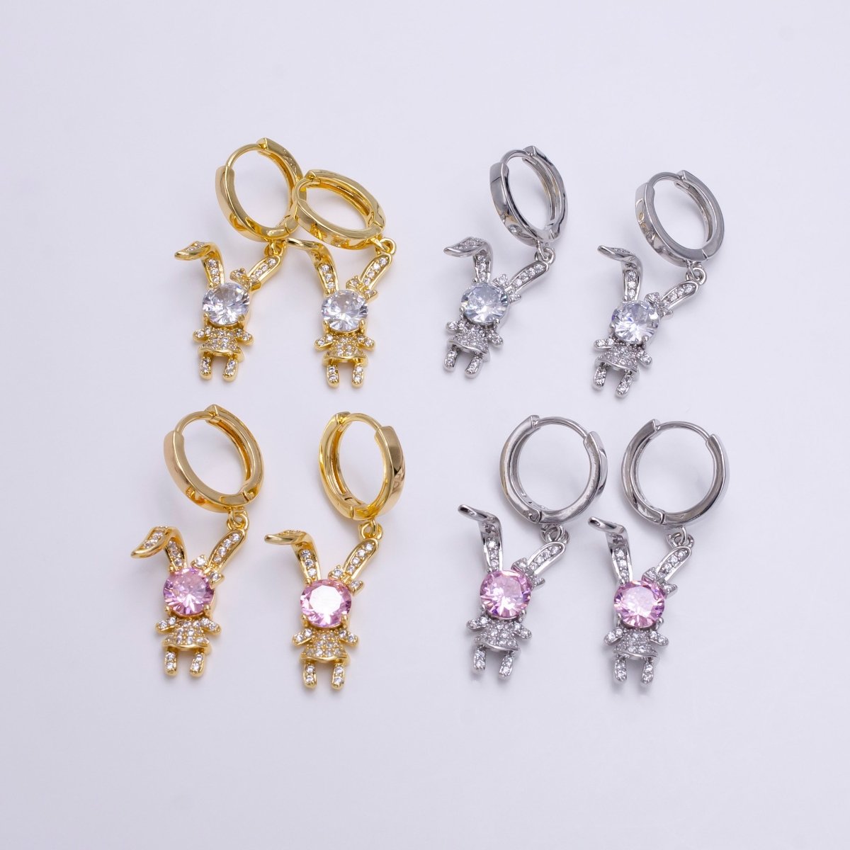 16K Gold Filled Bunny Rabbit Clear, Pink CZ Micro Paved Drop Huggie Earrings in Gold & Silver | AD1227 AE822 - AE824