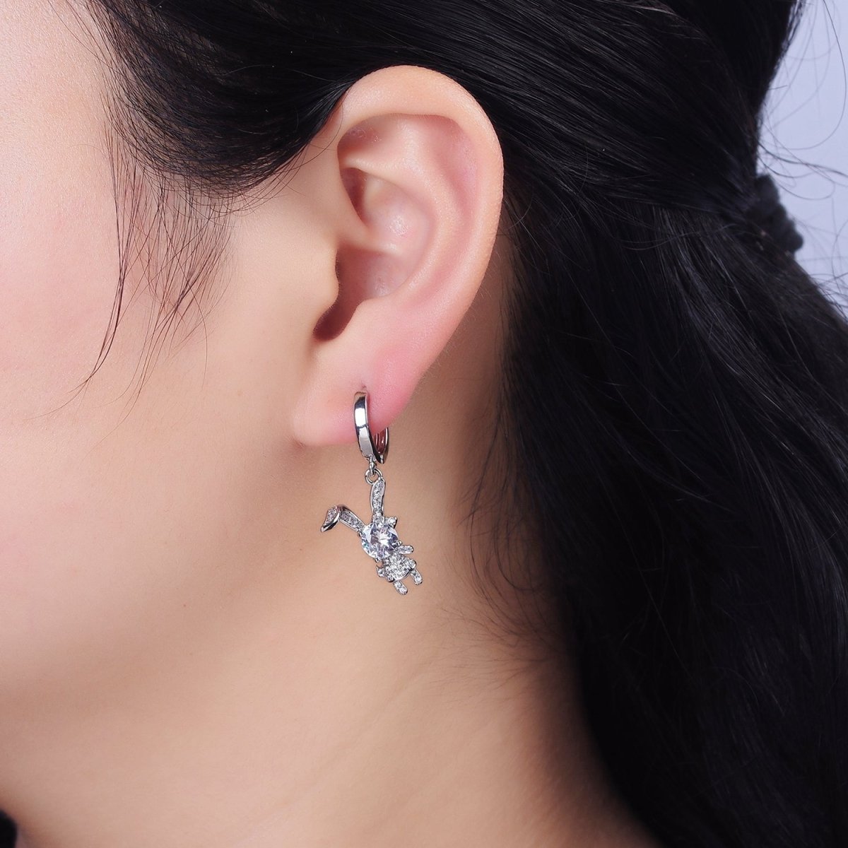 16K Gold Filled Bunny Rabbit Clear, Pink CZ Micro Paved Drop Huggie Earrings in Gold & Silver | AD1227 AE822 - AE824