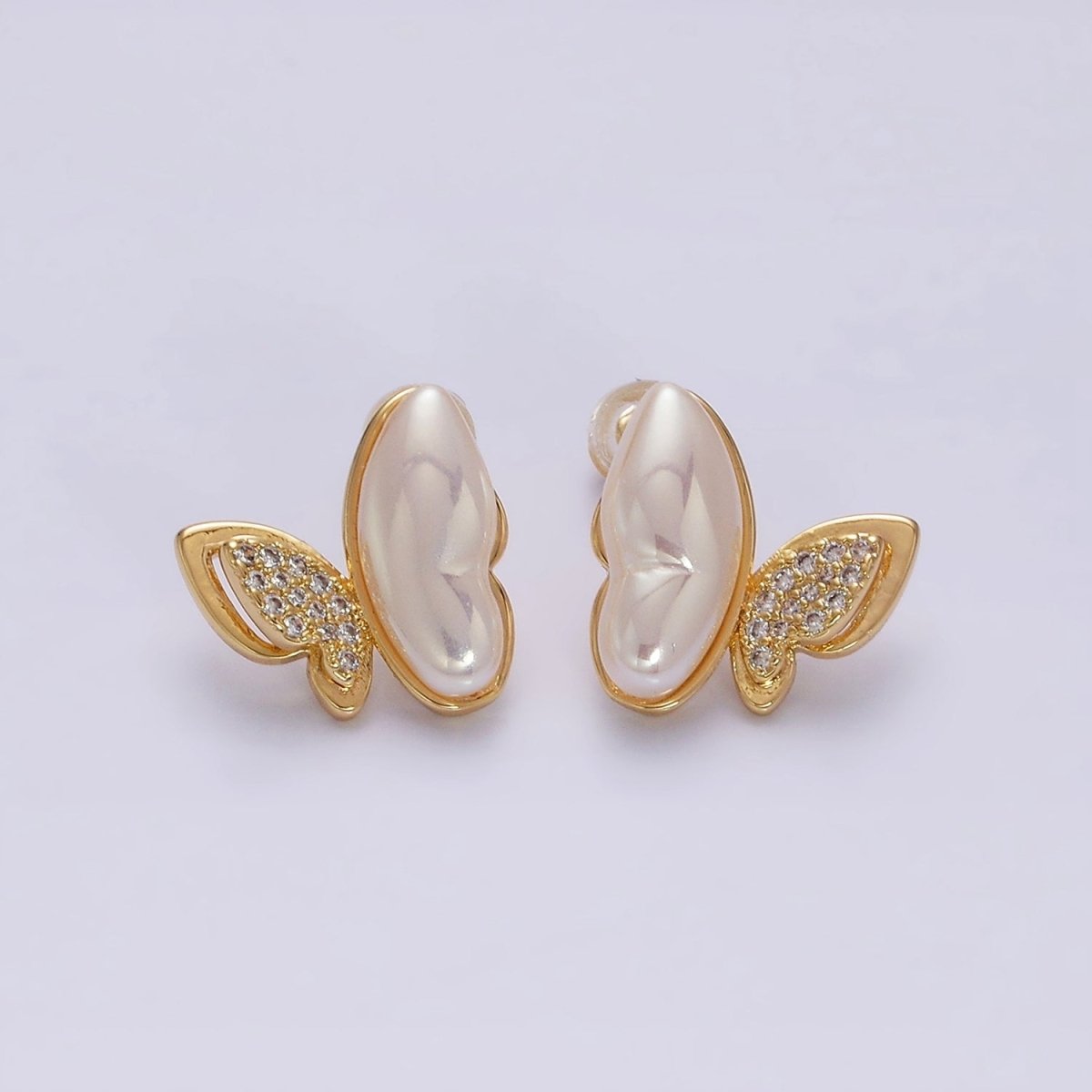 16K Gold Filled Butterfly Mariposa Pearl Micro Paved CZ Wings Stud Earrings Set in Gold & Silver | AD-417 AD-418