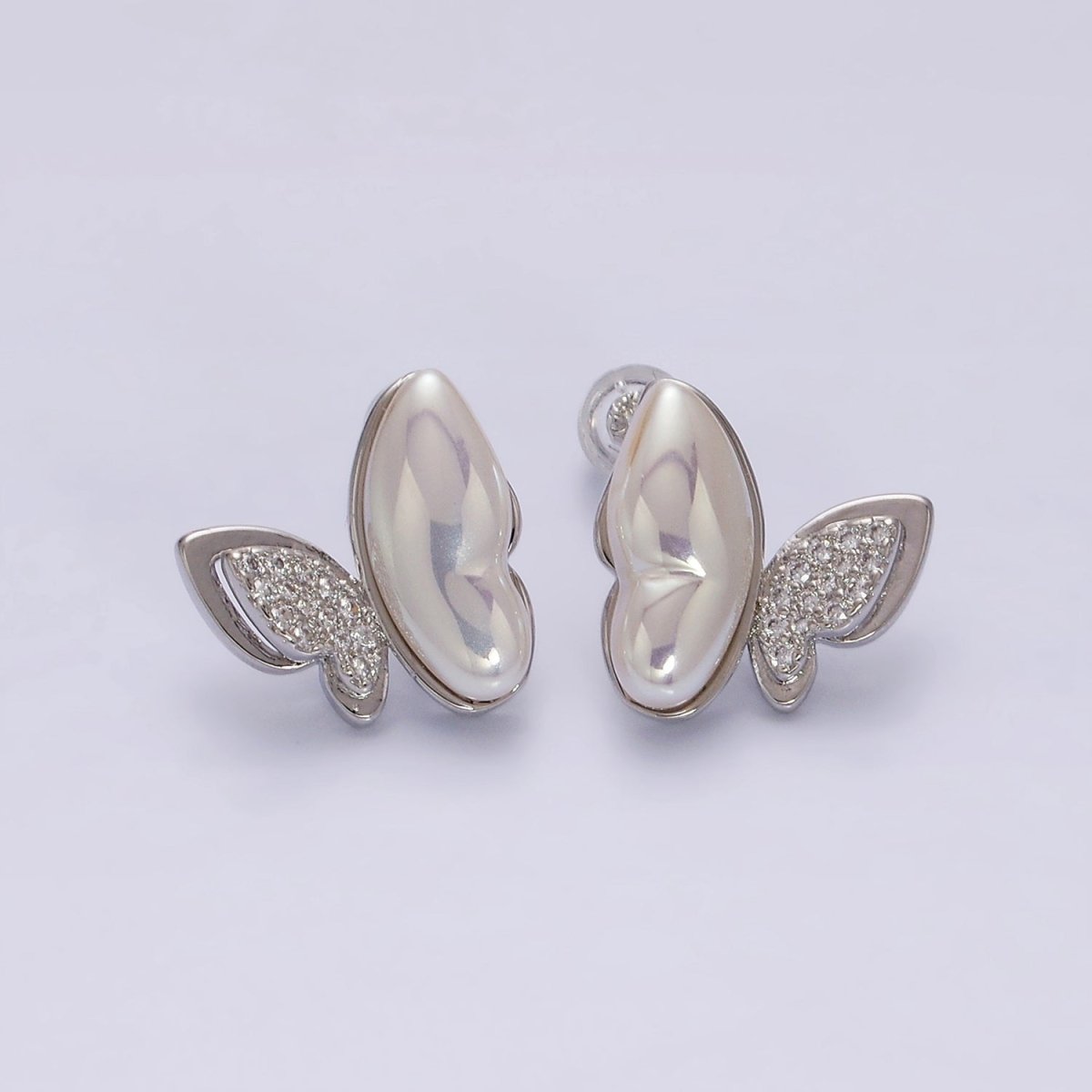 16K Gold Filled Butterfly Mariposa Pearl Micro Paved CZ Wings Stud Earrings Set in Gold & Silver | AD-417 AD-418