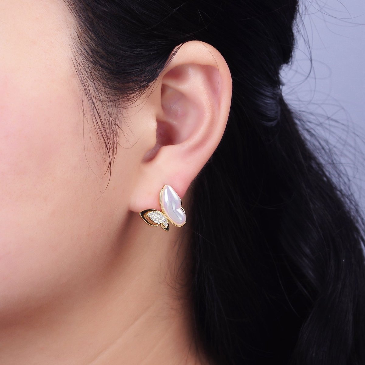 16K Gold Filled Butterfly Mariposa Pearl Micro Paved CZ Wings Stud Earrings Set in Gold & Silver | AD-417 AD-418