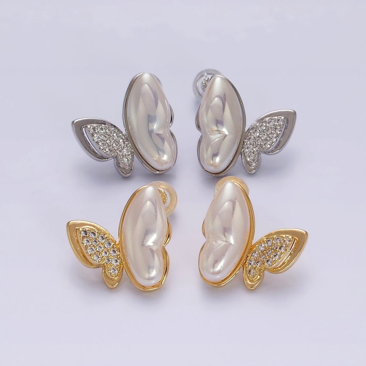 16K Gold Filled Butterfly Mariposa Pearl Micro Paved CZ Wings Stud Earrings Set in Gold & Silver | AD-417 AD-418