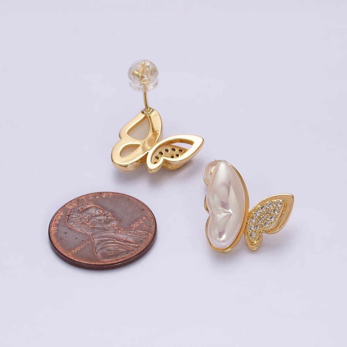 16K Gold Filled Butterfly Mariposa Pearl Micro Paved CZ Wings Stud Earrings Set in Gold & Silver | AD-417 AD-418