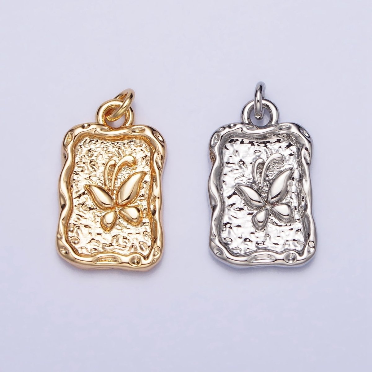 16K Gold Filled Butterfly Textured Hammered Rectangular Stamped Charm in Gold & Silver | AC393 AC394